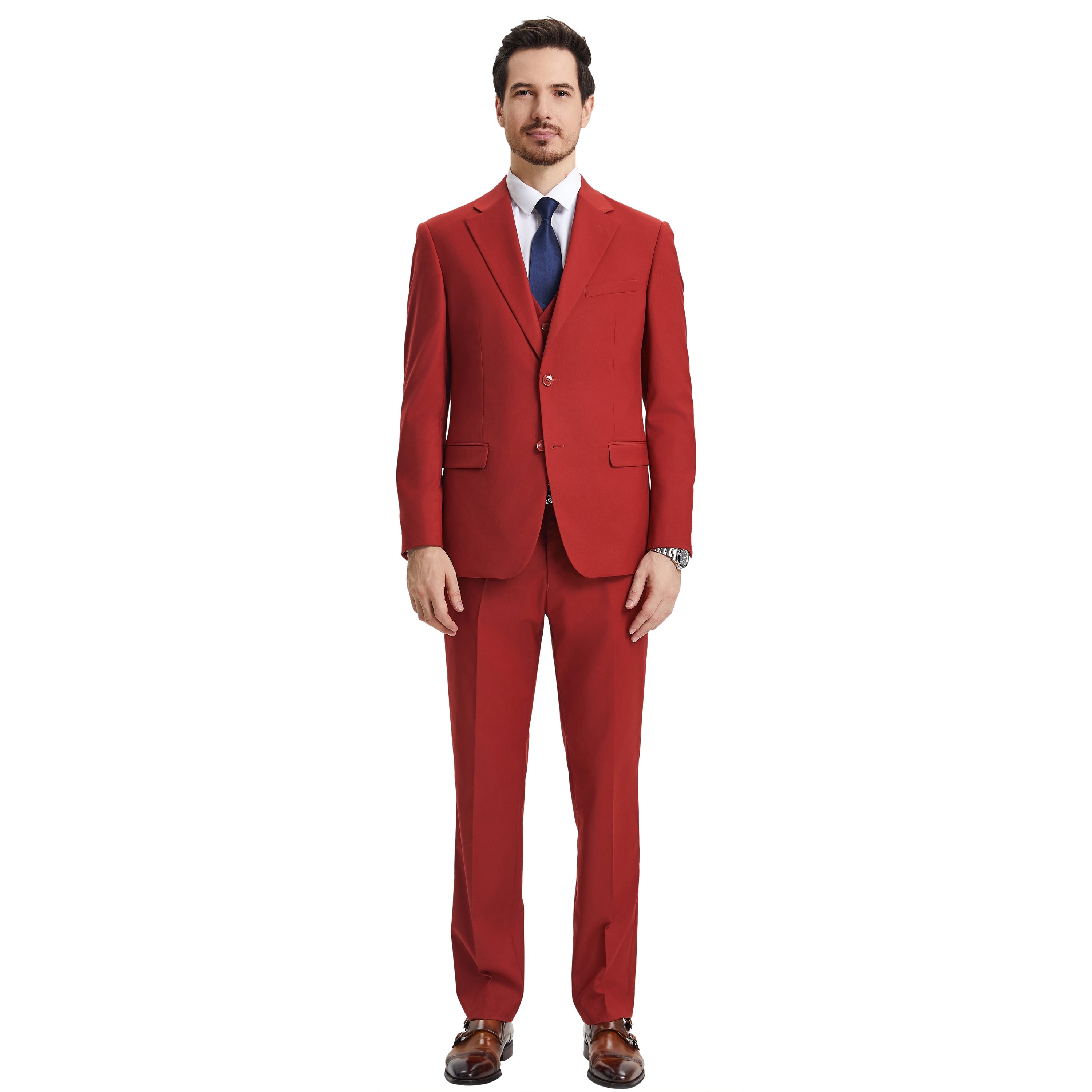 Men’s Suit, Stacy Adams 3-Piece Suit, Hybrid-Fit Suit, Notch Lapel Suit, Brick Red Suit, Formalwear, Business Attire, Wedding Suit, D&K Menswear Collection