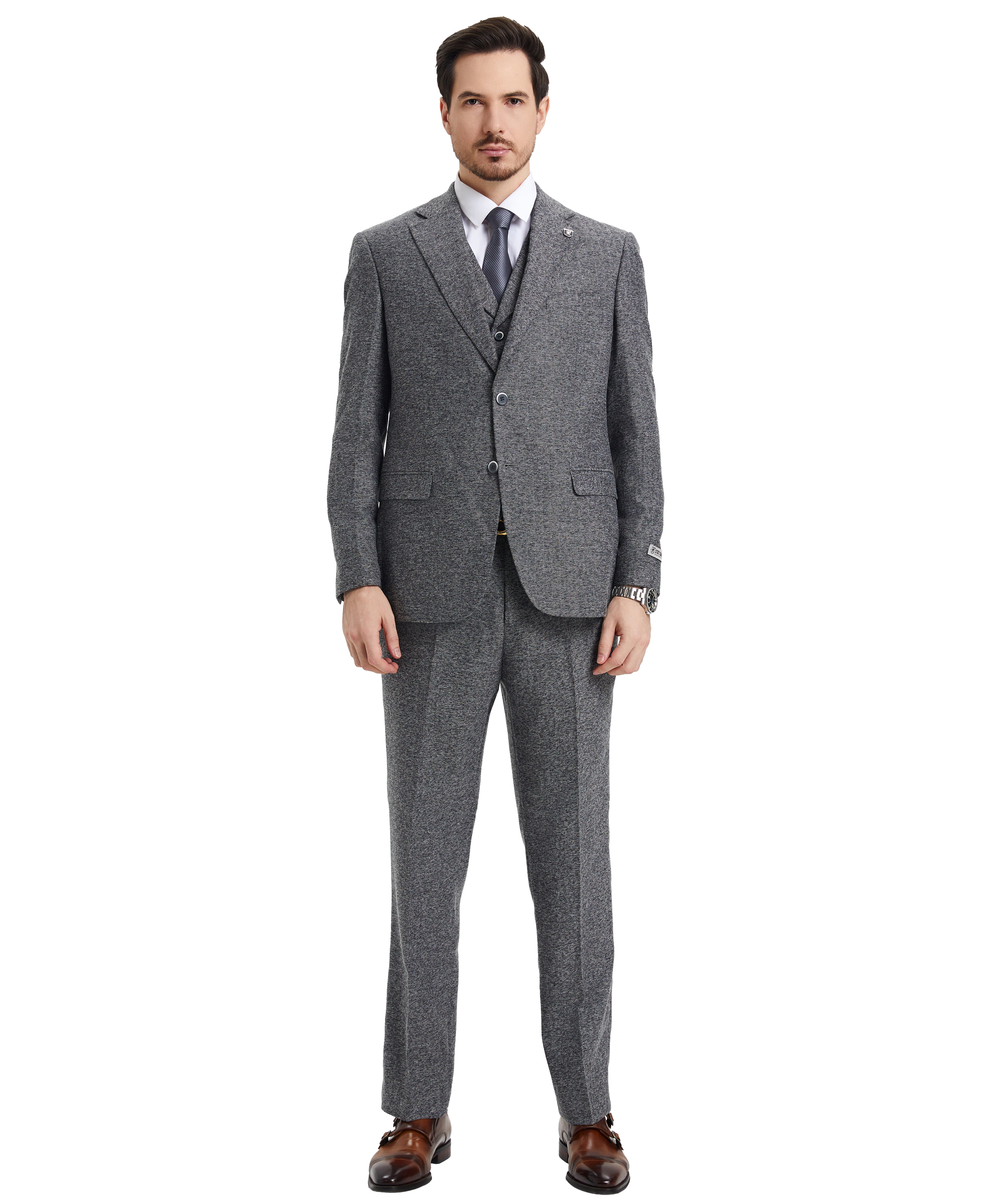 Men’s Suit, Stacy Adams Hybrid-Fit Suit, Tweed Suit, Grey Suit, Notch Lapel Suit, Business Attire, Formalwear, Wedding Suit, Special Occasion Suit, D&K Menswear Collection