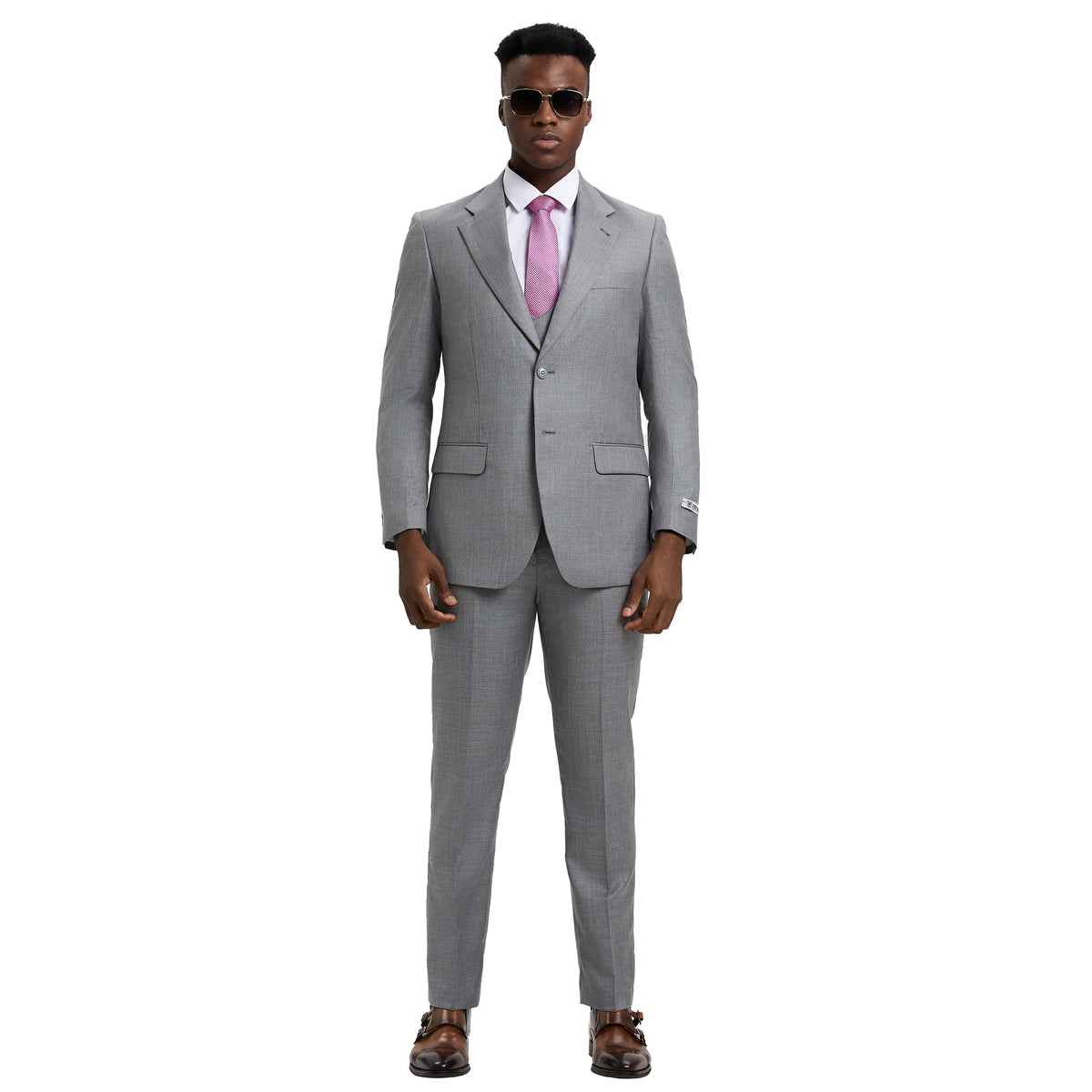 Men’s Suit, Stacy Adams 3-Piece Suit, Sharkskin Suit, Stone Grey Suit, Formalwear, Business Attire, Wedding Suit, D&K Menswear Collection