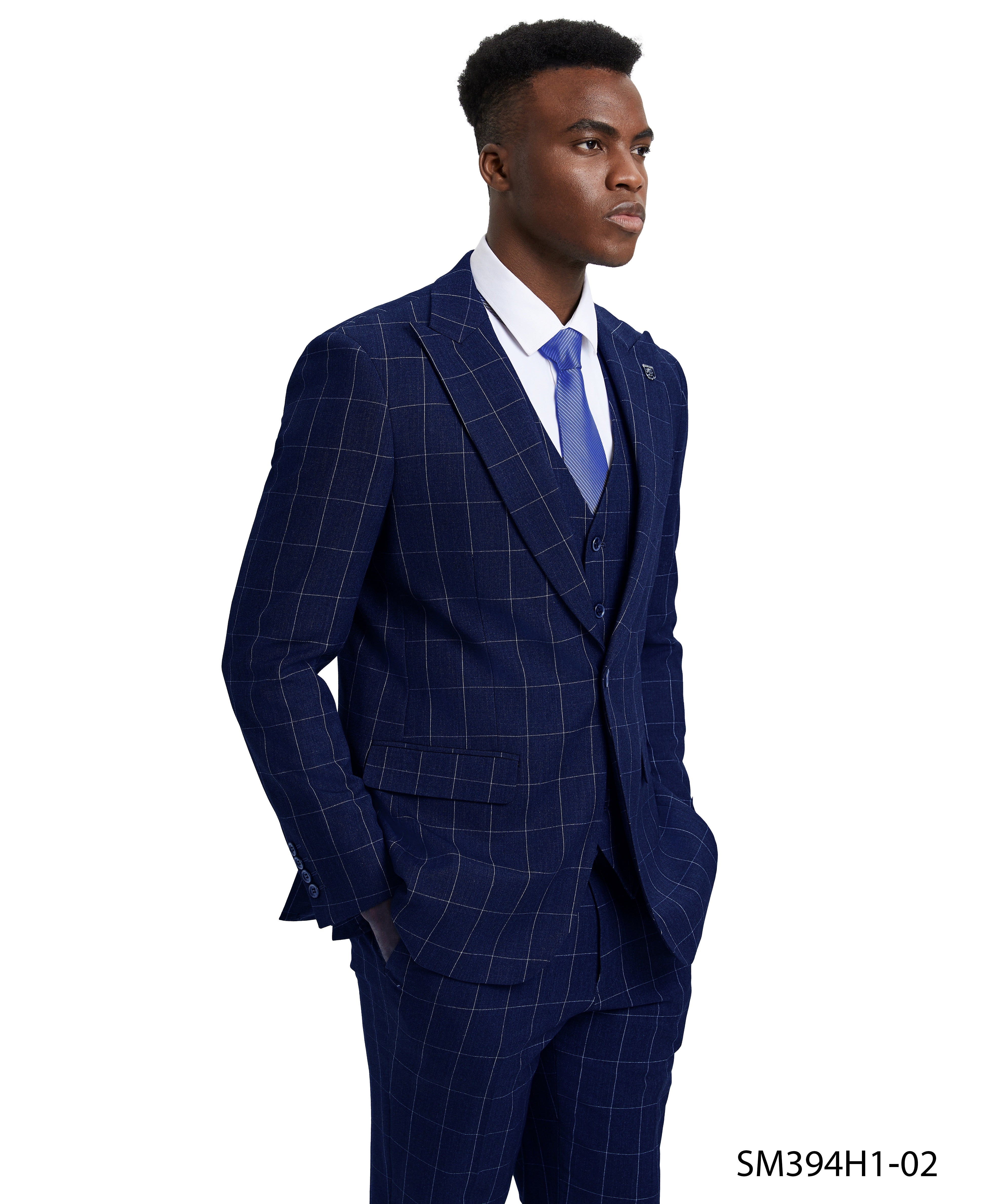 Men’s Suit, Stacy Adams Windowpane Suit, Blue Suit, Notch Lapel Suit, Business Attire, Formalwear, Wedding Suit, Special Occasion Suit, D&K Menswear Collection.