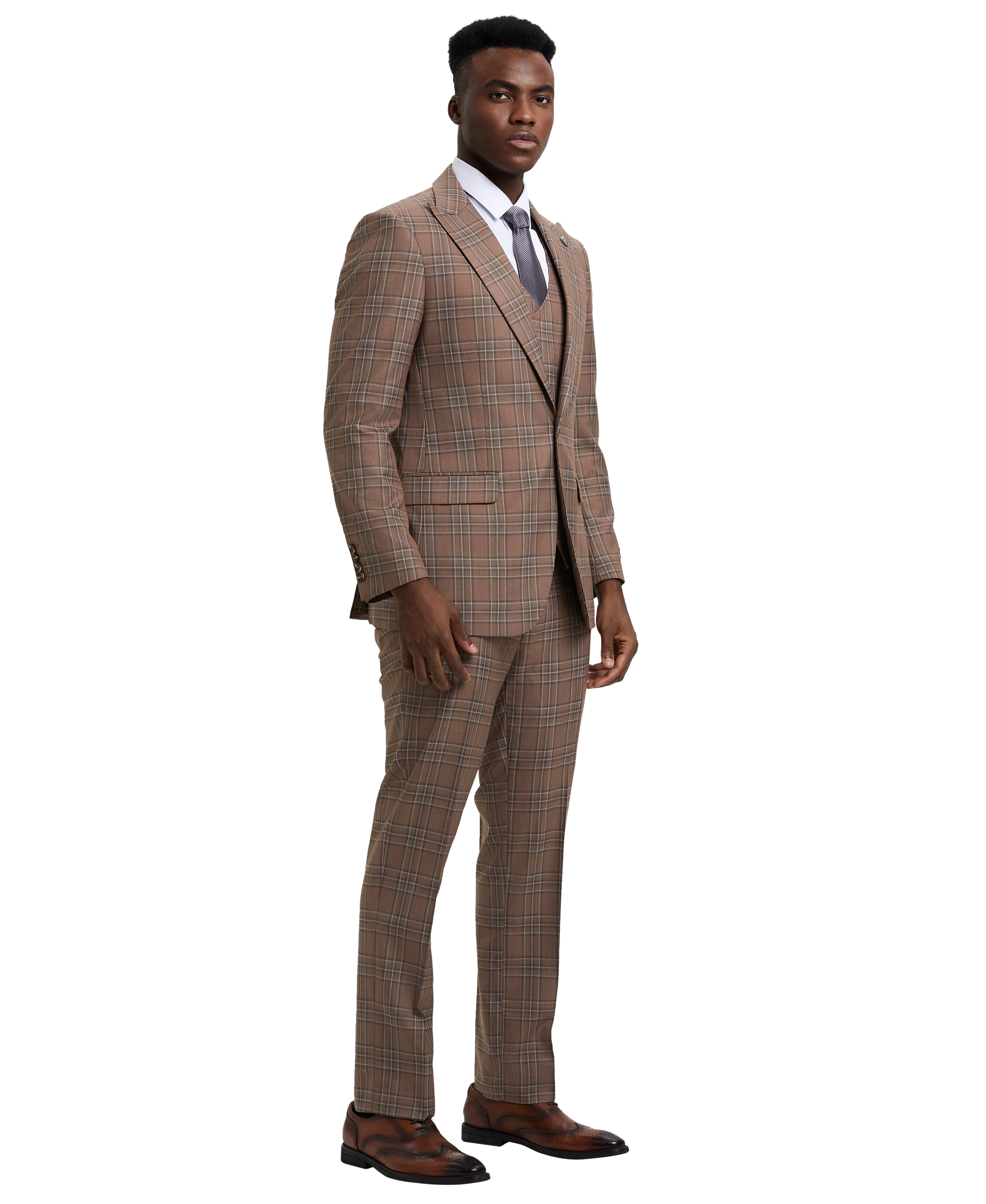 Stacy Adams Hybrid-Fit Double-Breast Vested Suit, Windowpane Brown