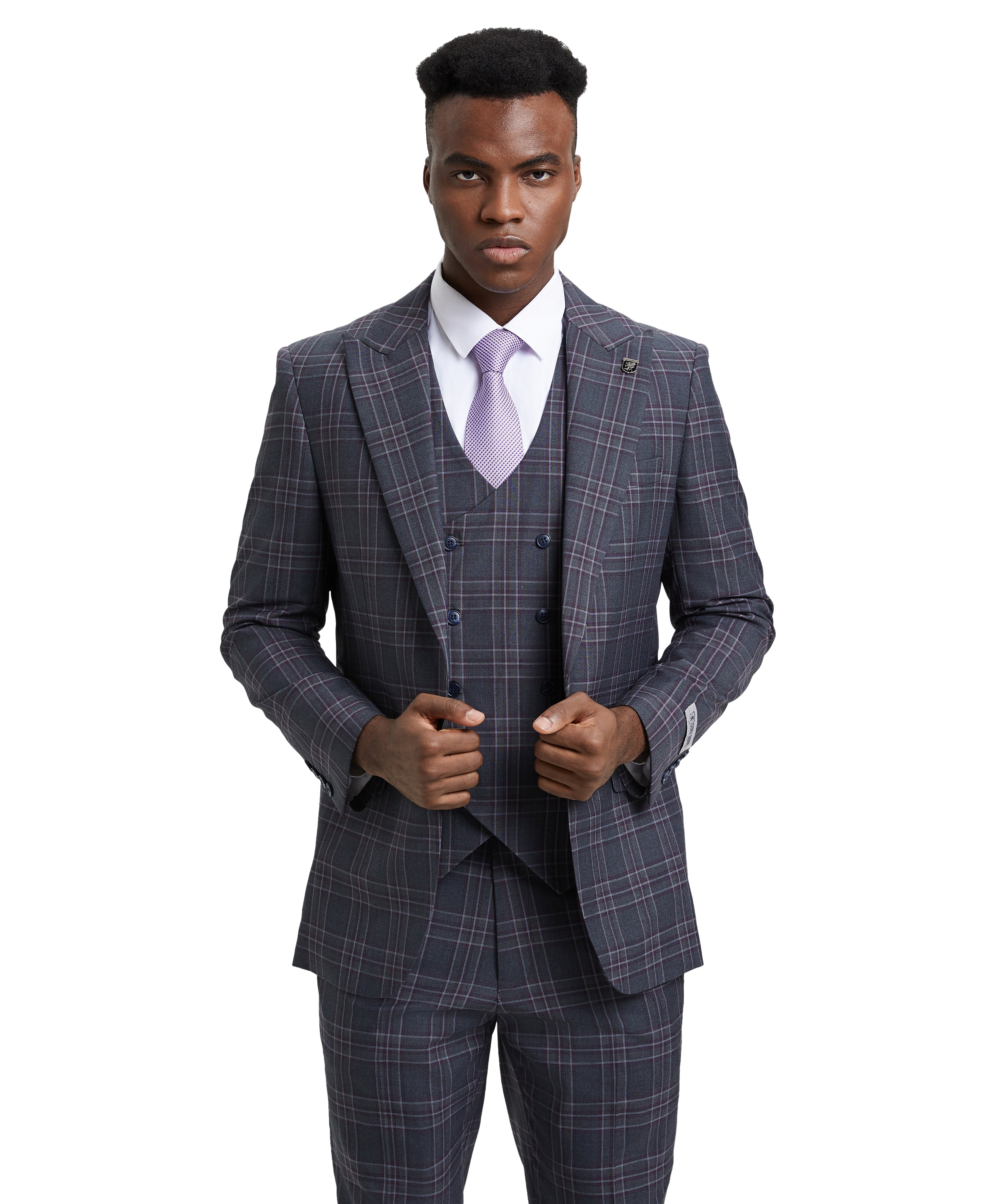 Stacy Adams Hybrid-Fit Double-Breast Vested Suit, Windowpane Charcoal