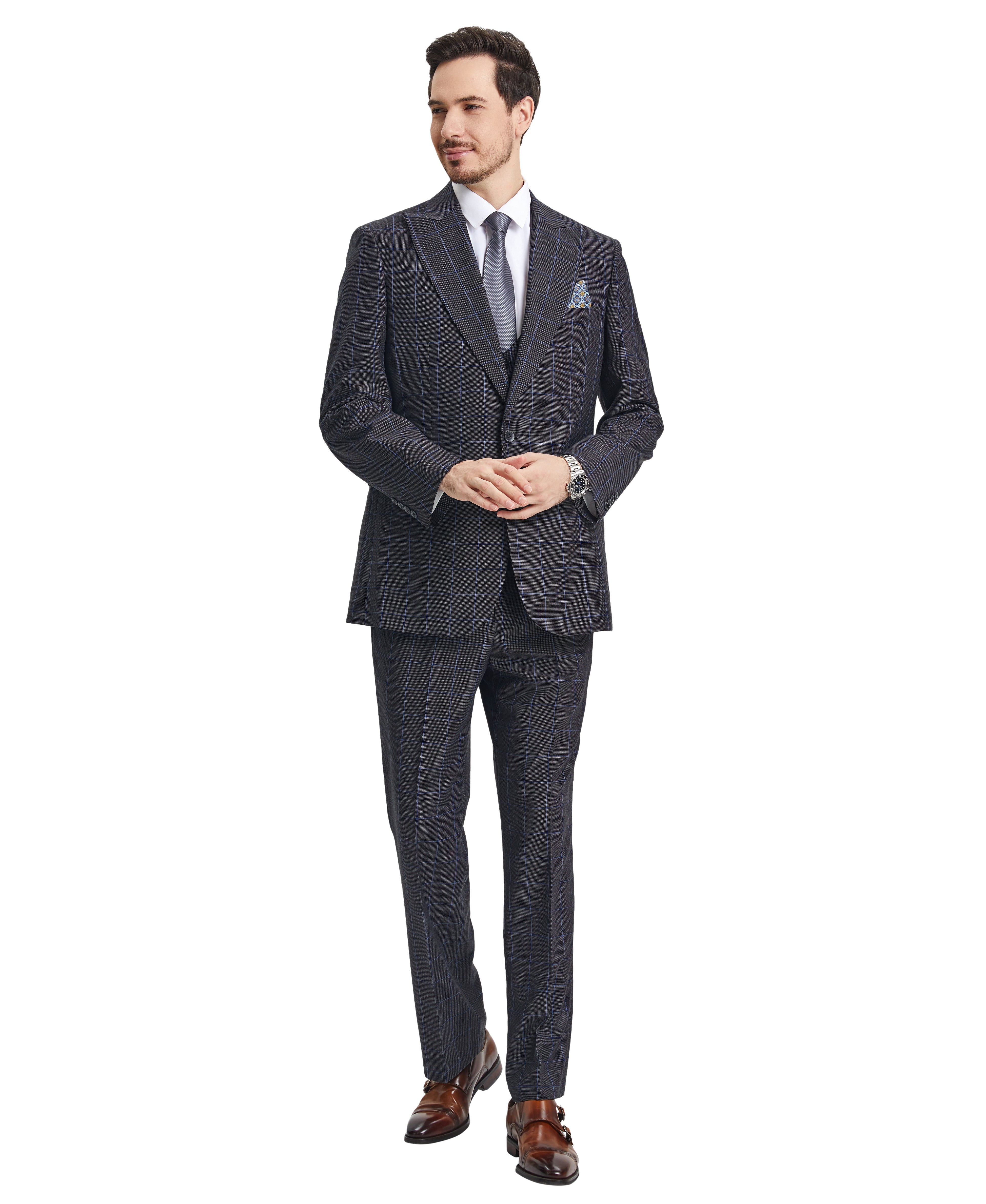 Stacy Adams Hybrid-Fit Vested Suit w/ U-Shaped Vest, Charcoaled Windowpane