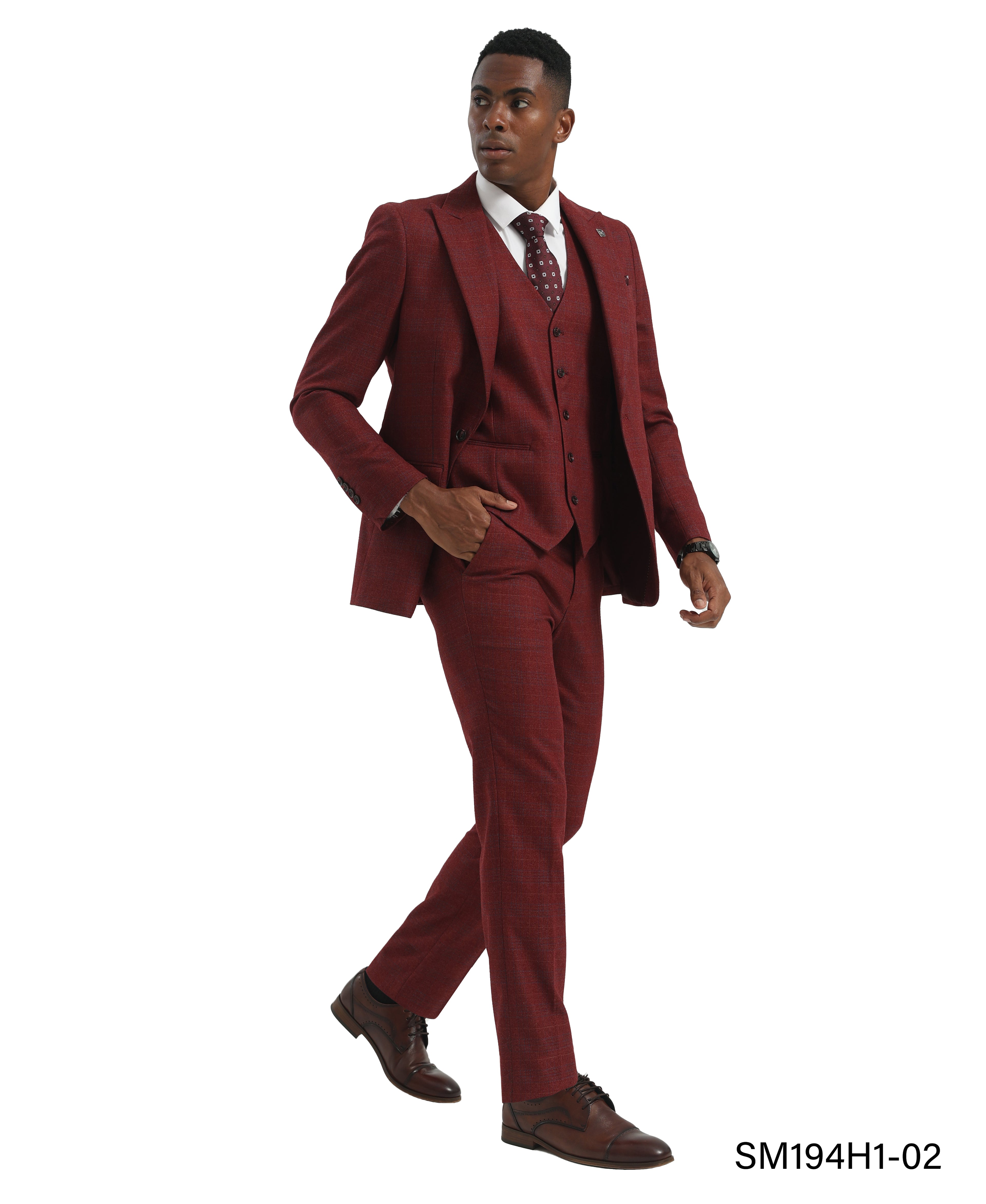 Burgundy Peak Lapel Hybrid Fit 3pc Windowpane Suits