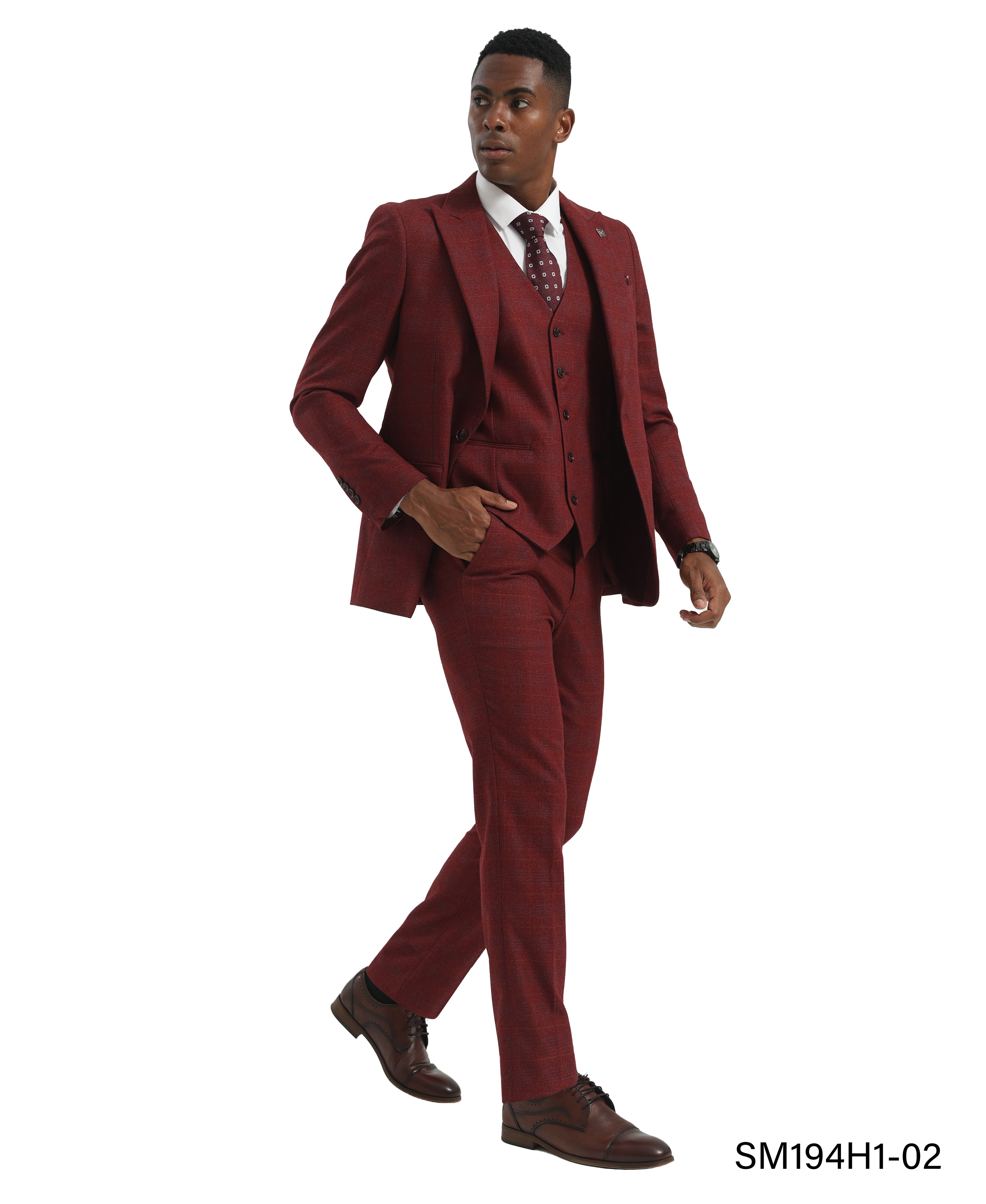Burgundy Peak Lapel Hybrid Fit 3pc Windowpane Suits