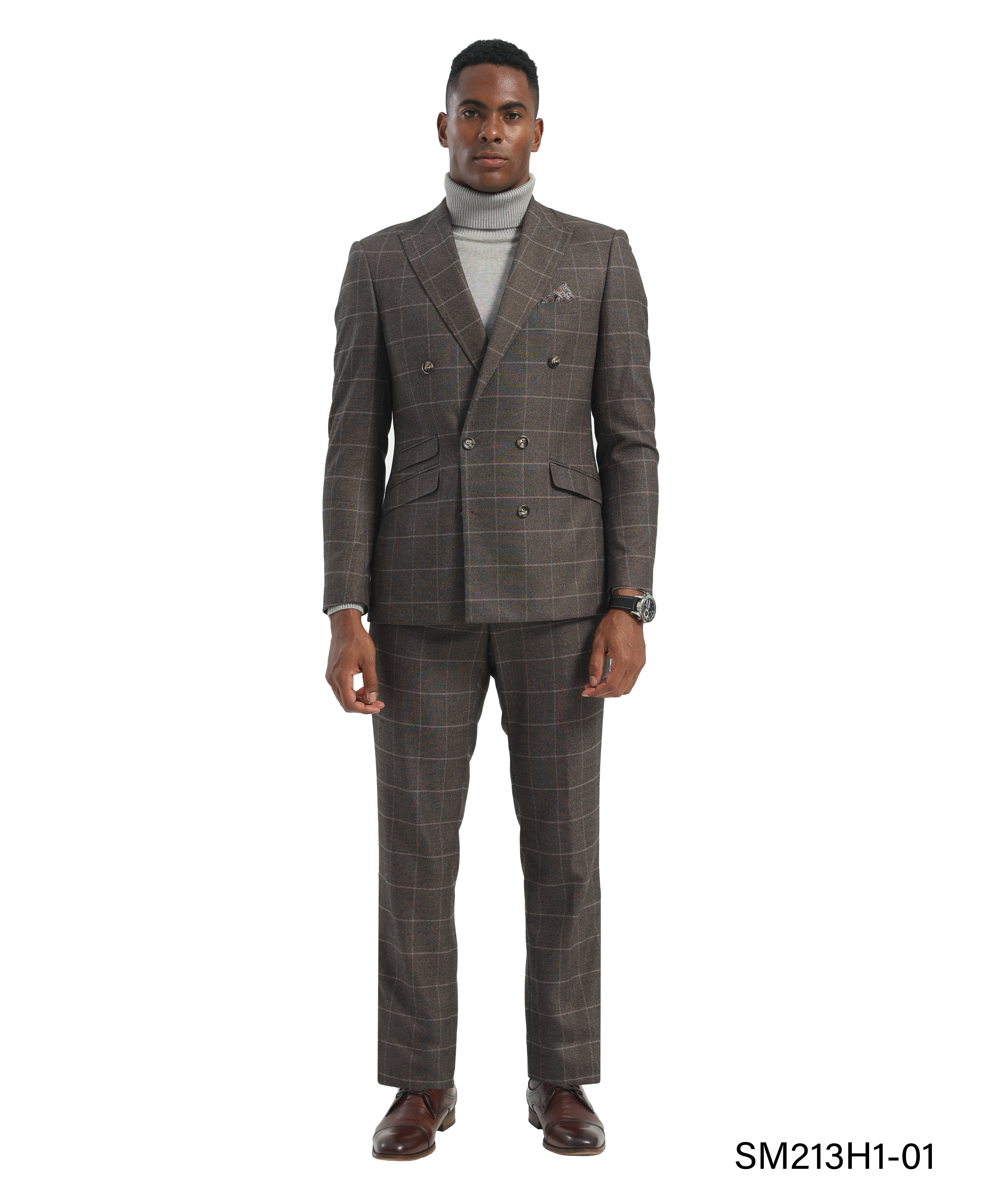 Men's Suit Grey Peak Lapel 3pc Hybrid Fit 3pc Windowpane Suits