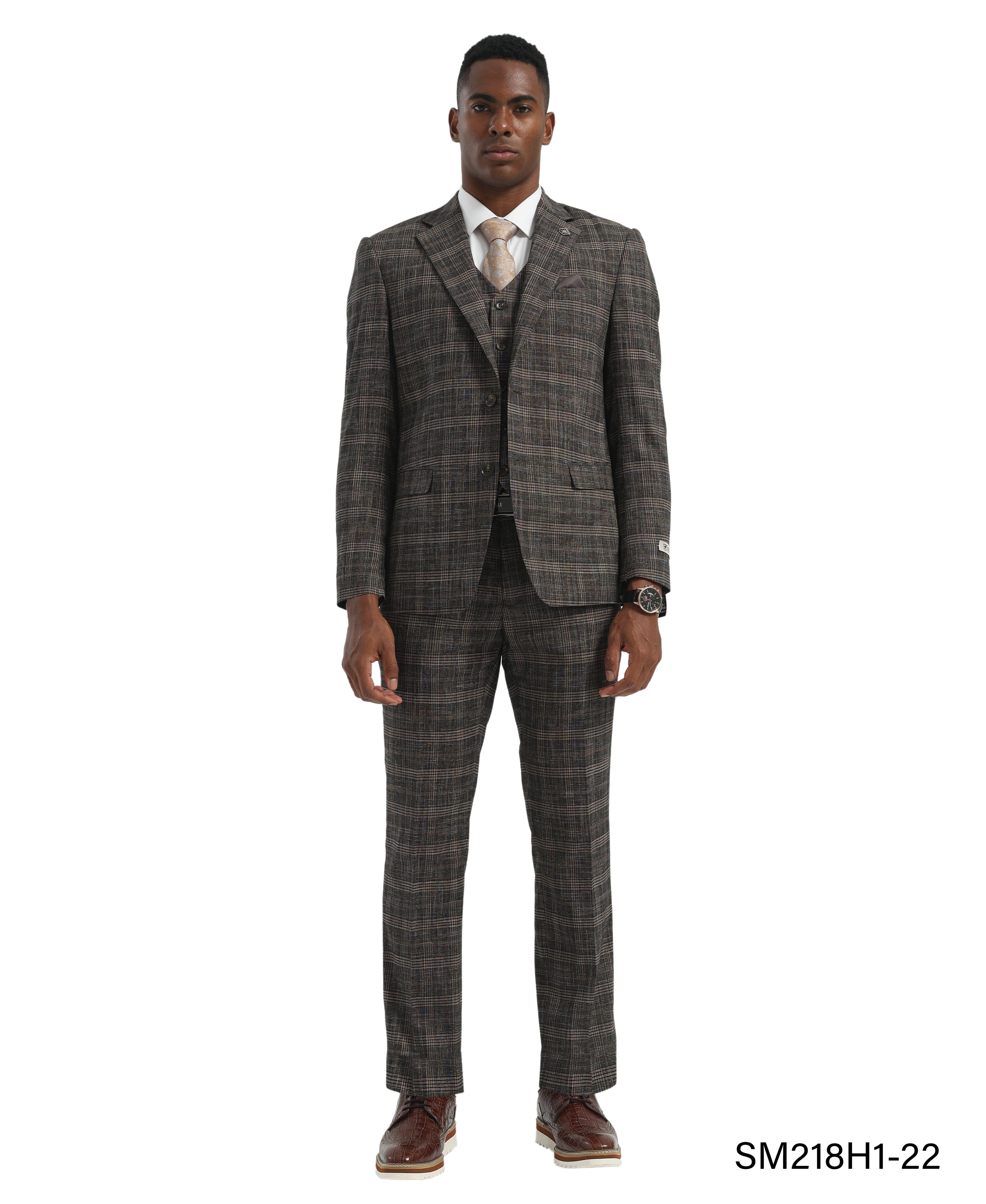 Men's Suit Charcoal Peak Lapel 3pc Hybrid Fit 3pc Plaid Suit Set