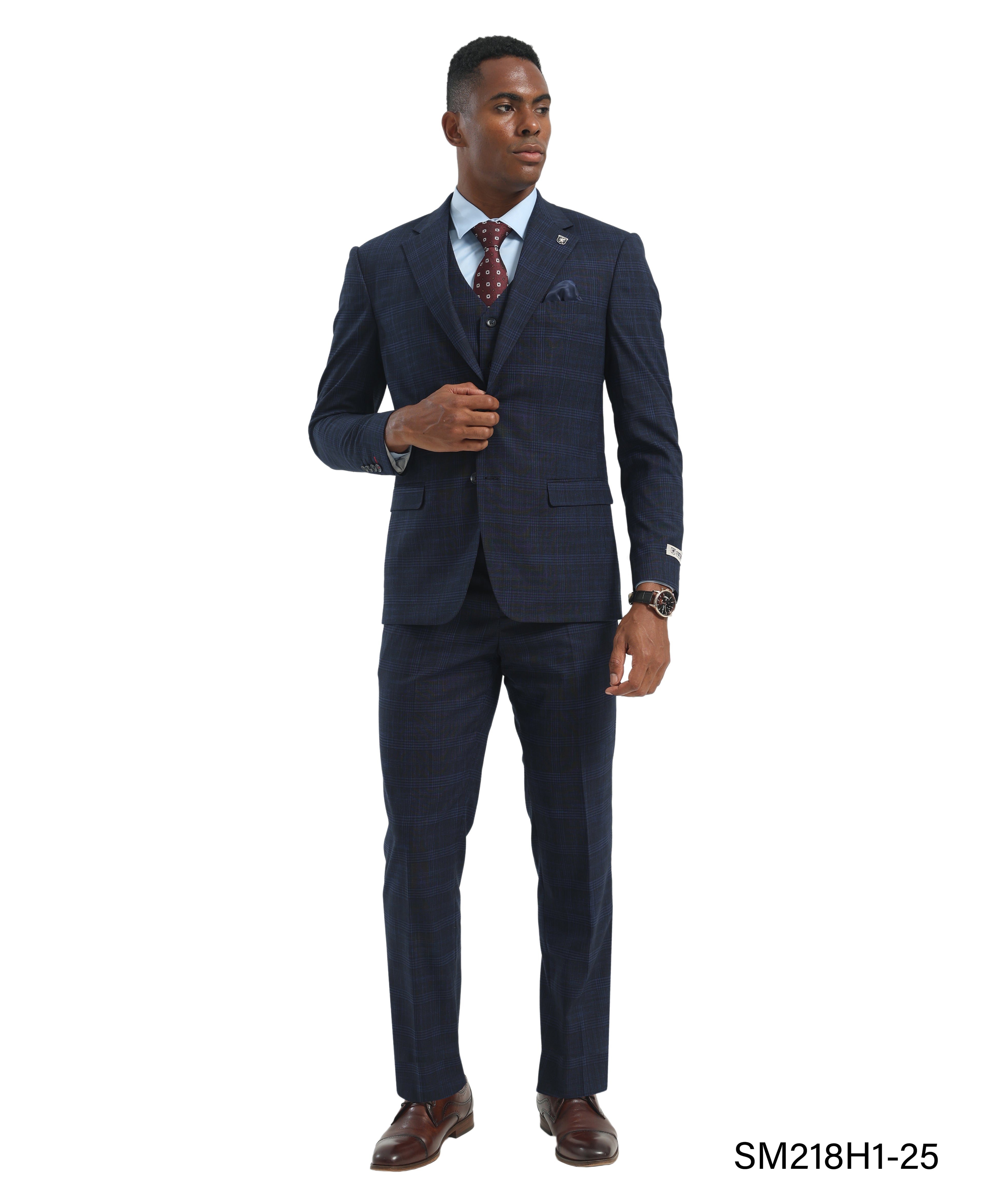 Men's Suit Charcoal Peak Lapel 3pc Hybrid Fit 3pc Plaid Suit Set