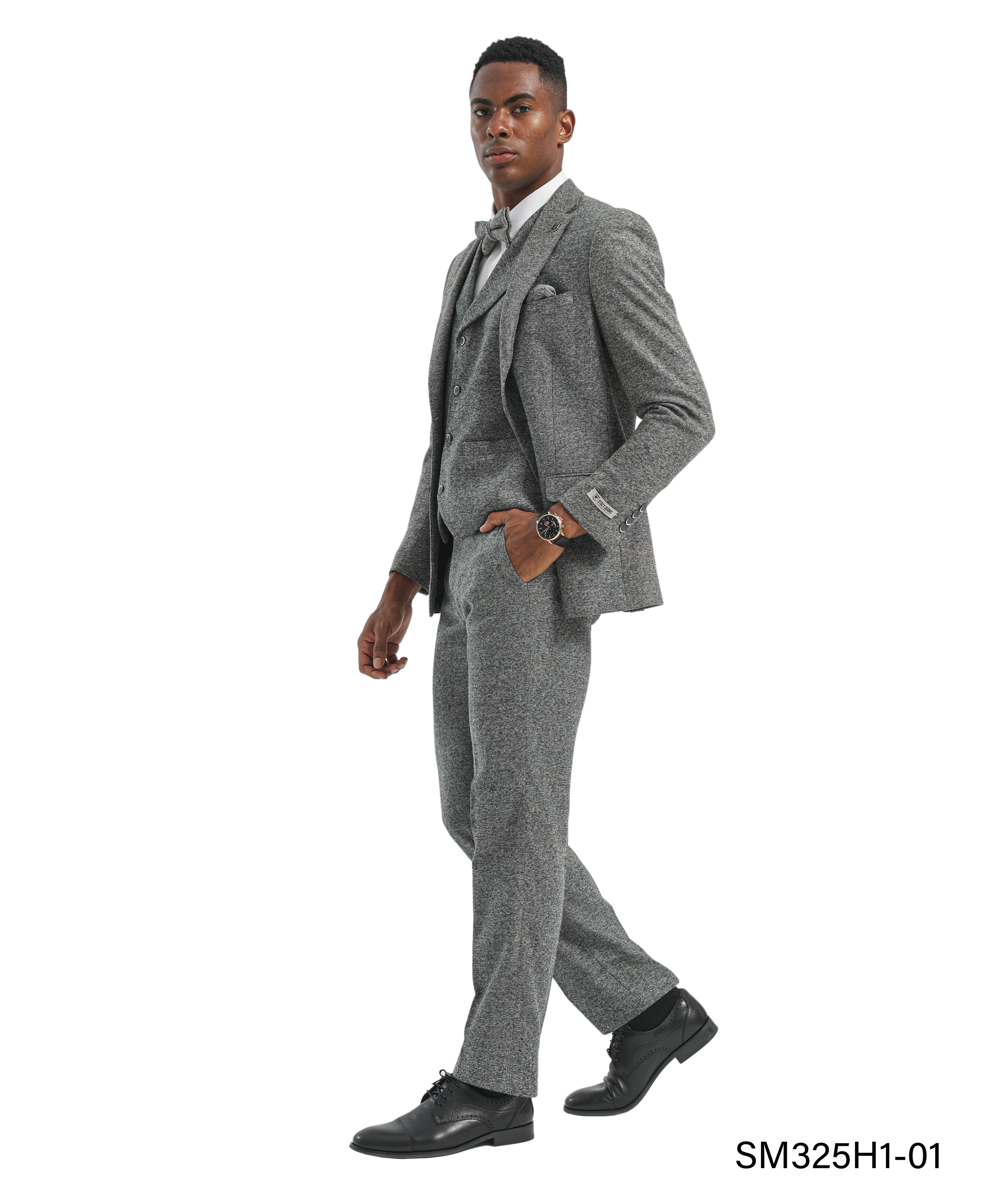 Men's Suit Tweed Light Grey Notch Lapel 3pc Hybrid Fit 3pc Tweed Suits