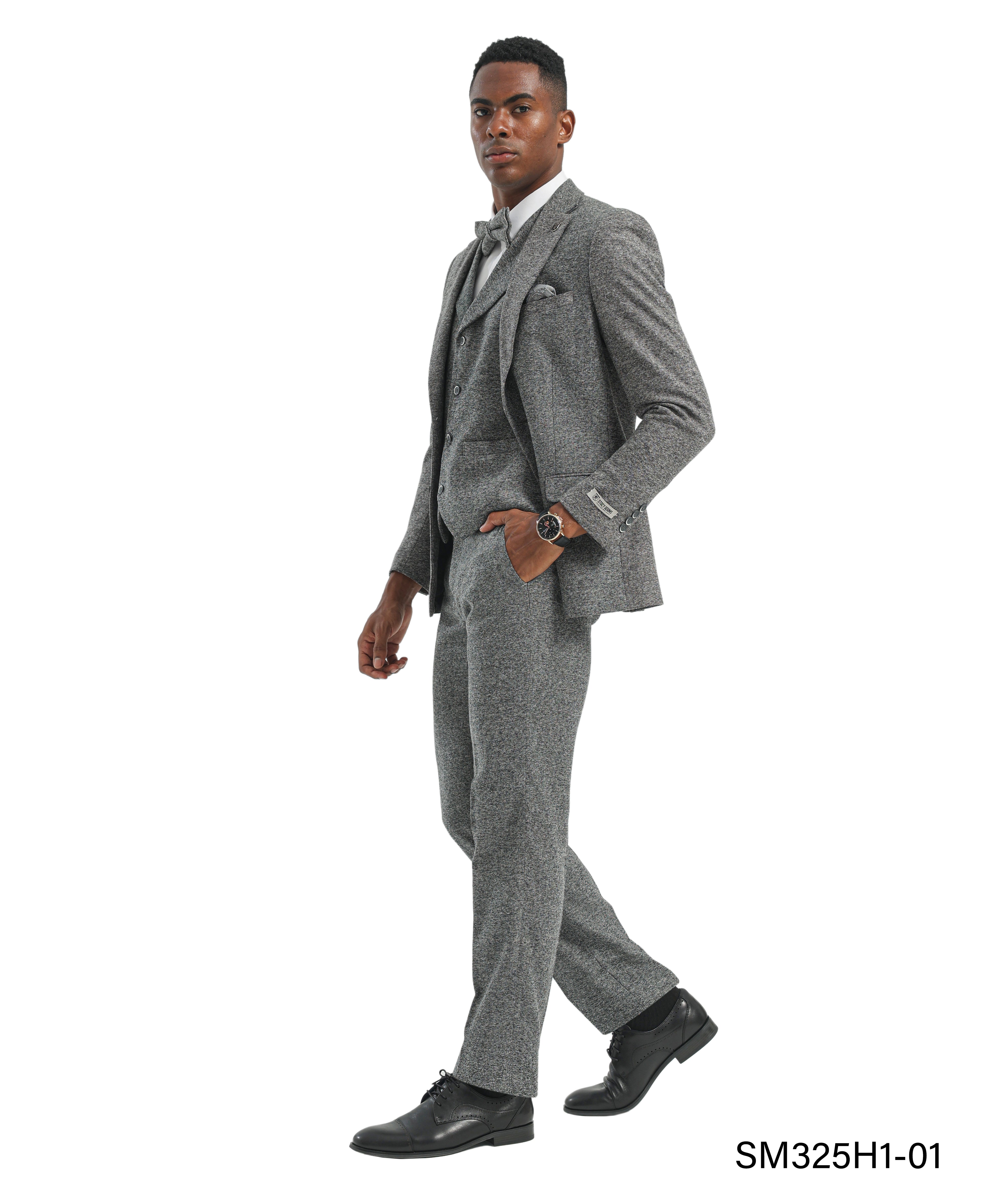 Men's Suit Tweed Light Grey Notch Lapel 3pc Hybrid Fit 3pc Tweed Suits