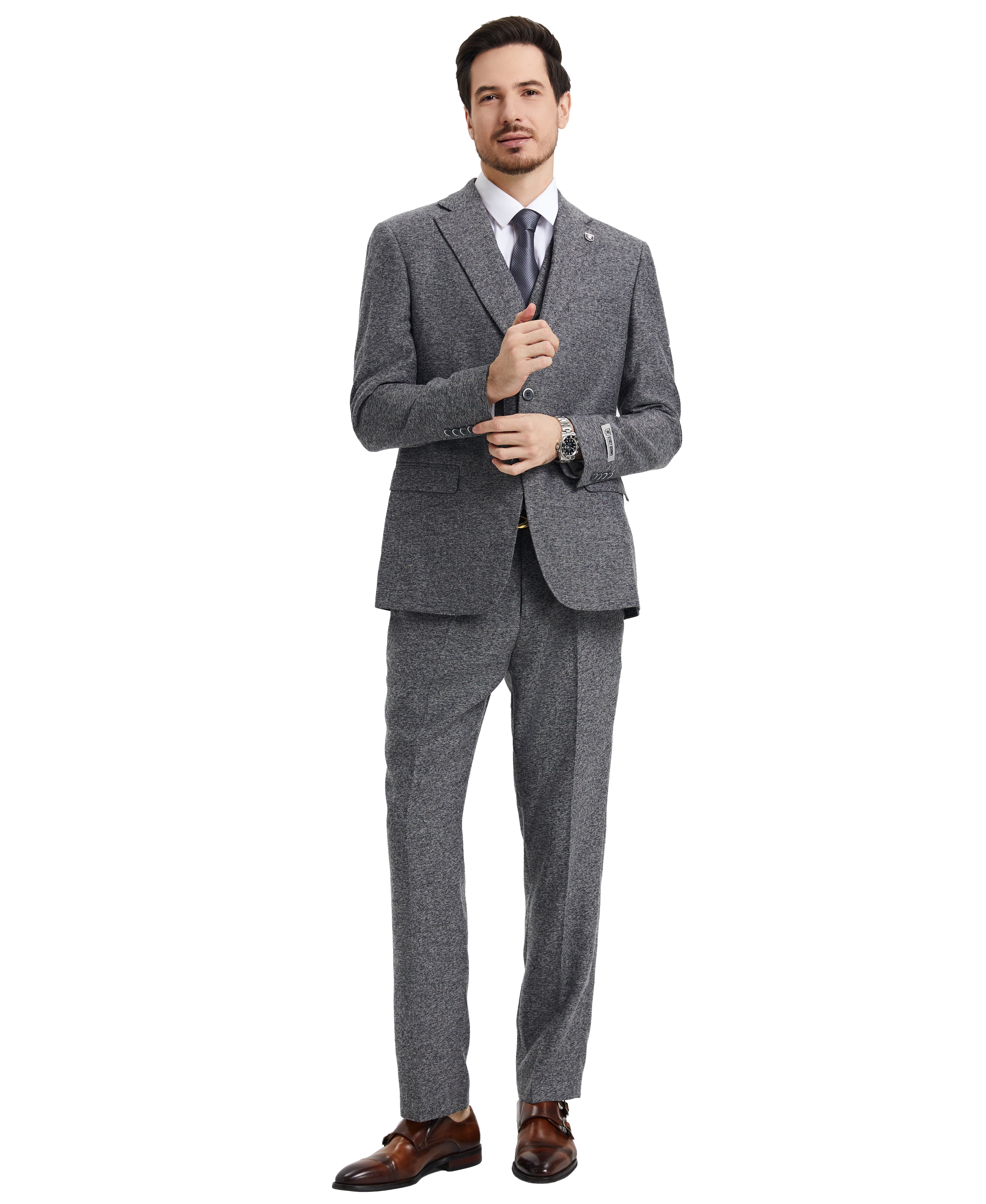 Men’s Stacy Adams Hybrid-Fit Vested Suit – Grey Tweed | D&K Menswear