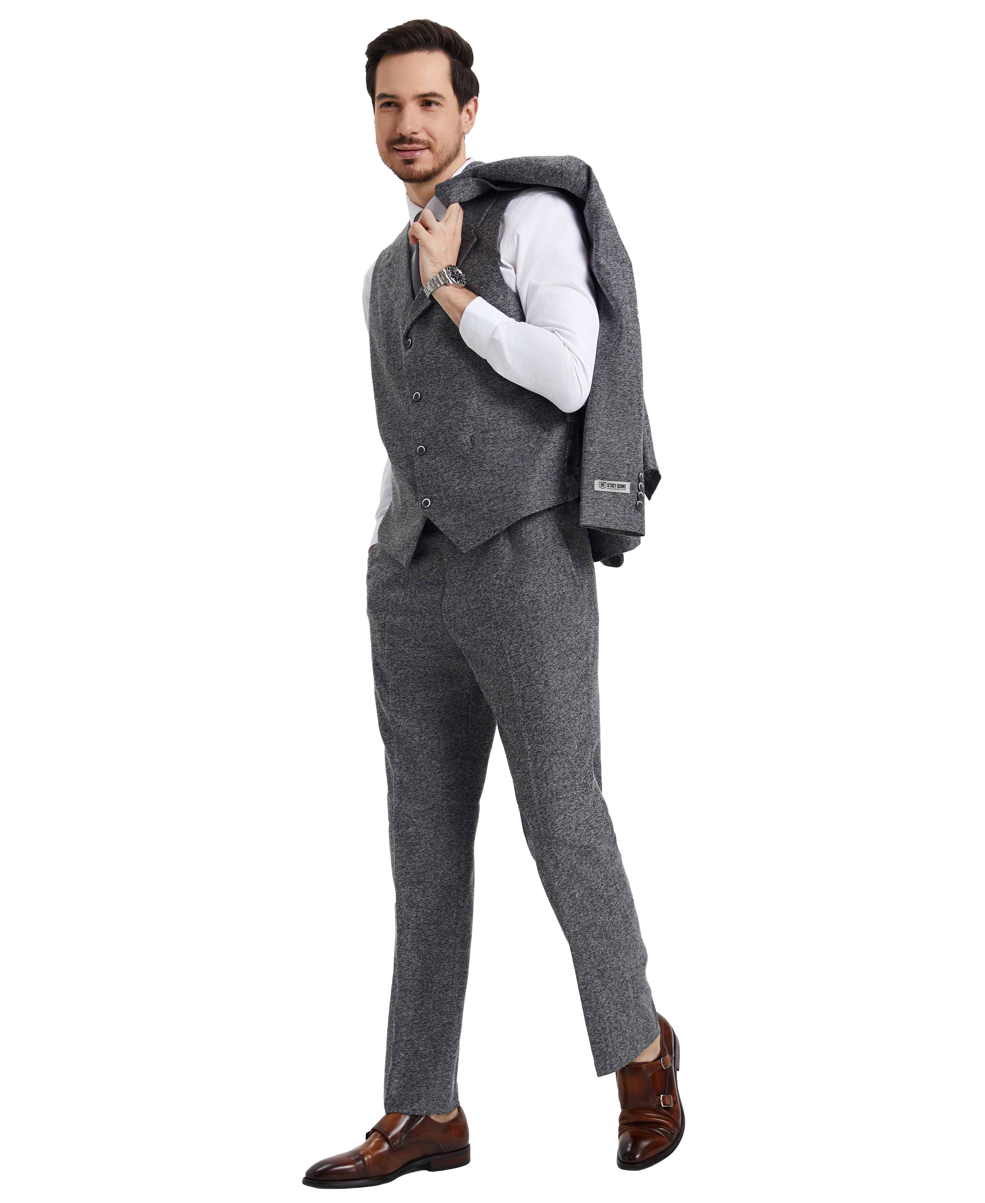 Men’s Stacy Adams Hybrid-Fit Vested Suit – Grey Tweed | D&K Menswear