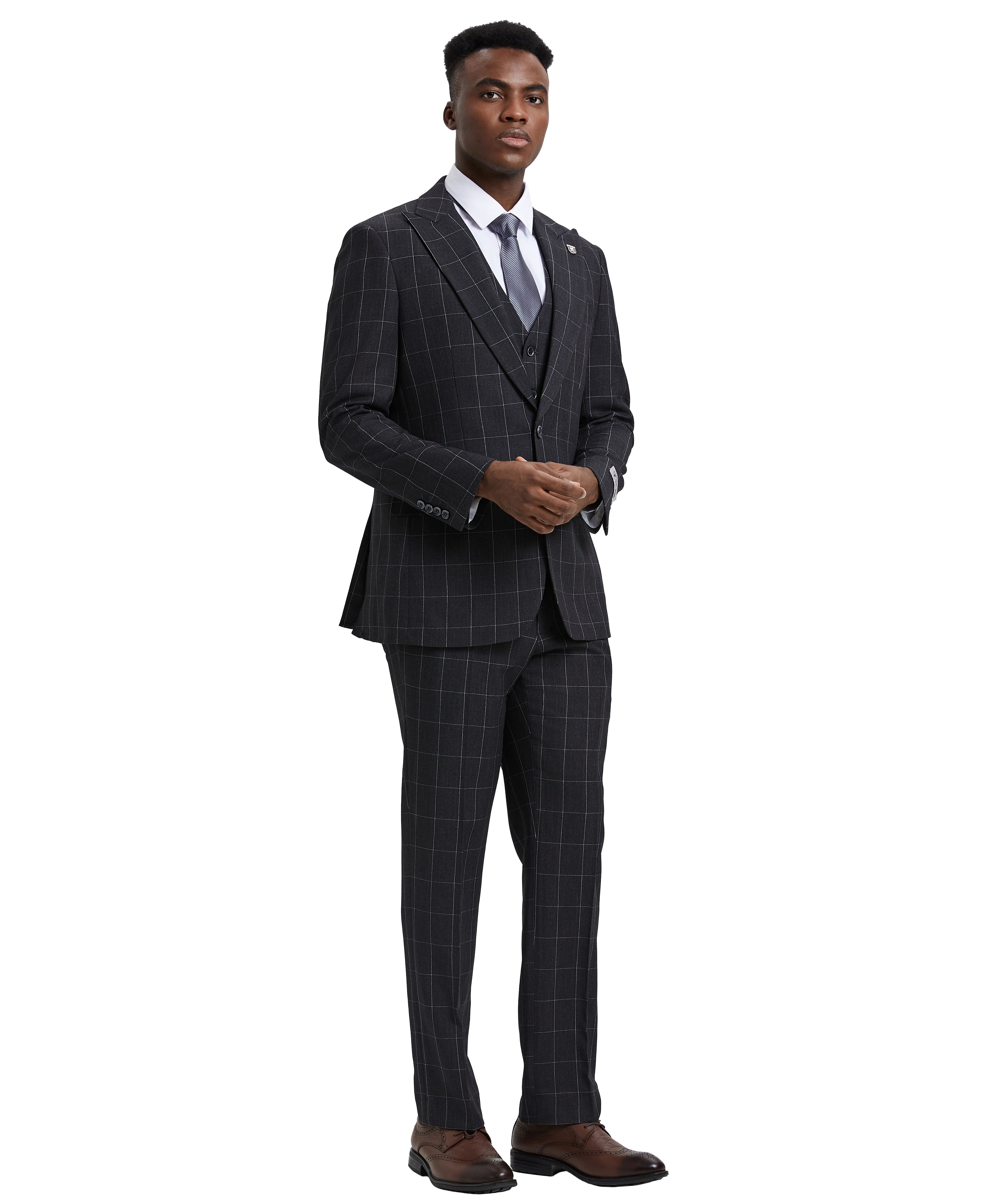 Men’s Stacy Adams Hybrid-Fit Vested Suit – Windowpane Black | D&K Menswear