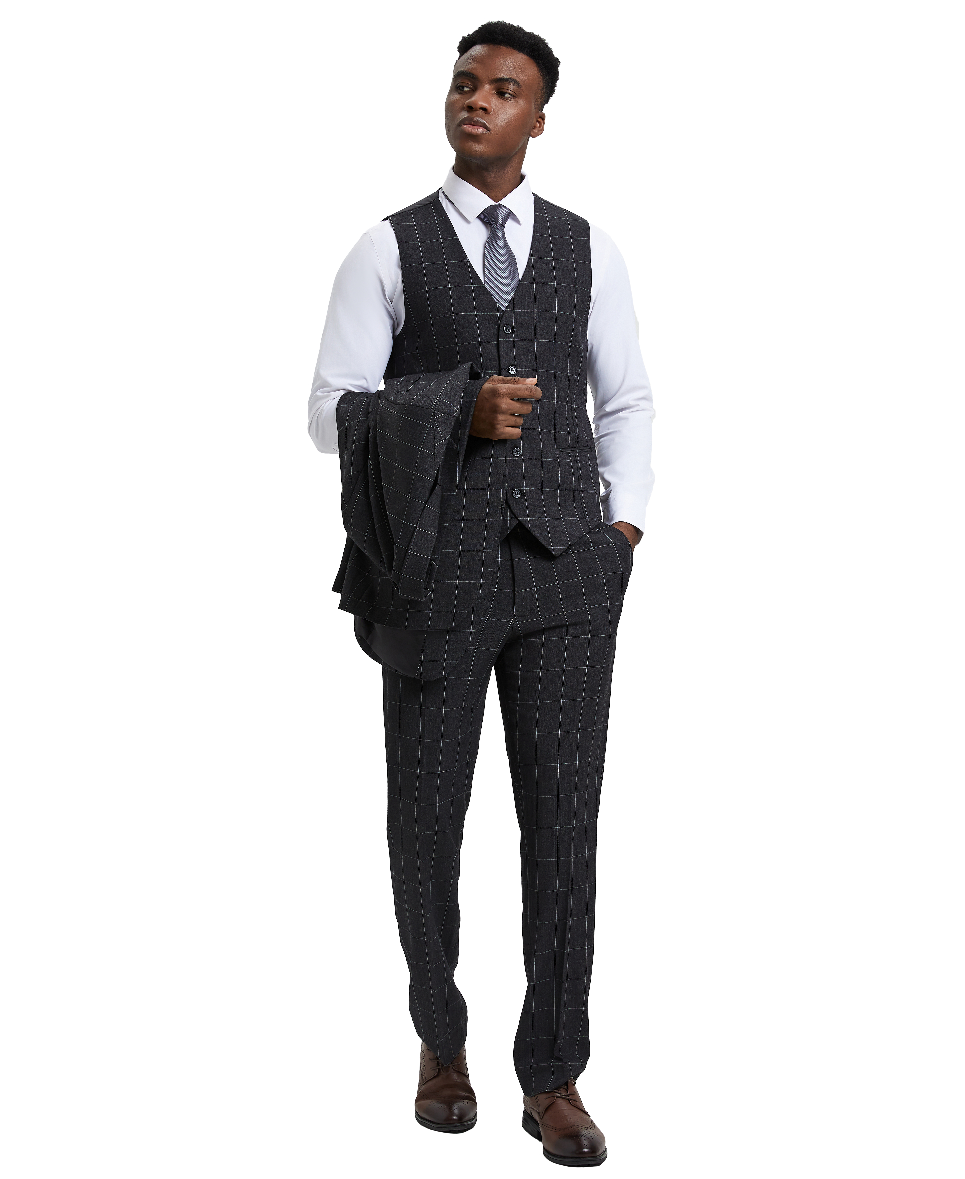 Men’s Stacy Adams Hybrid-Fit Vested Suit – Windowpane Black | D&K Menswear