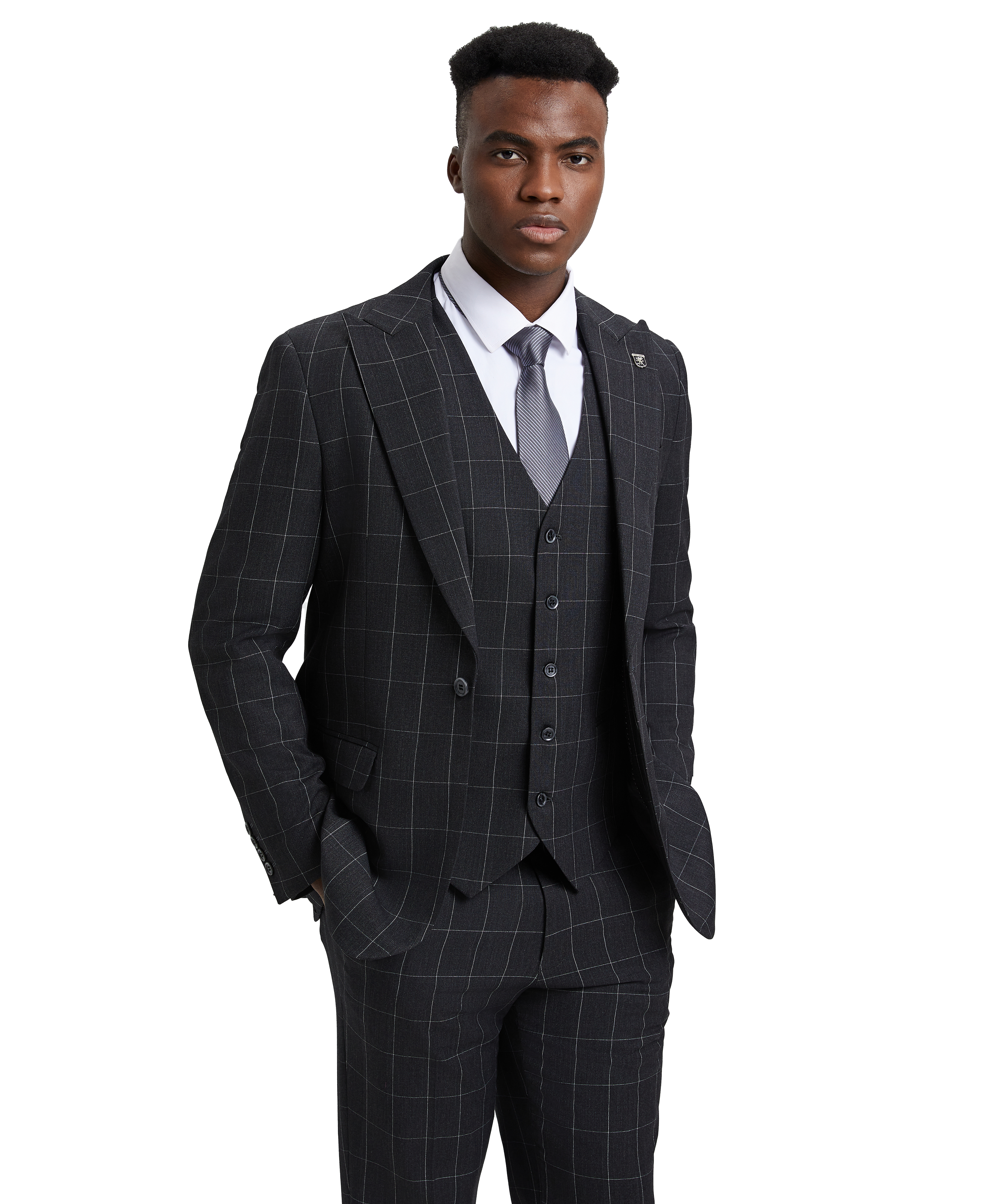 Men’s Stacy Adams Hybrid-Fit Vested Suit – Windowpane Black | D&K Menswear