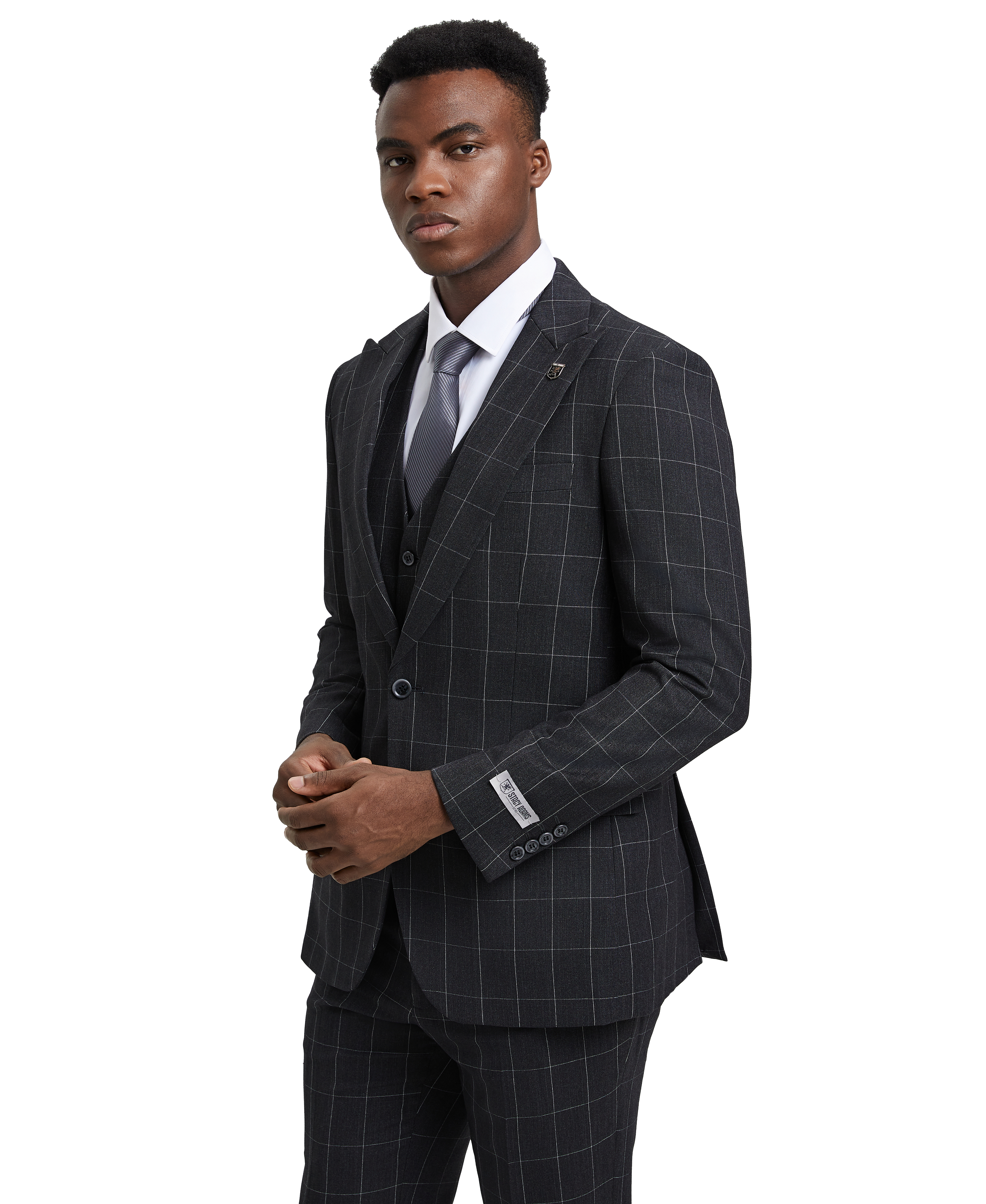 Men’s Stacy Adams Hybrid-Fit Vested Suit – Windowpane Black | D&K Menswear