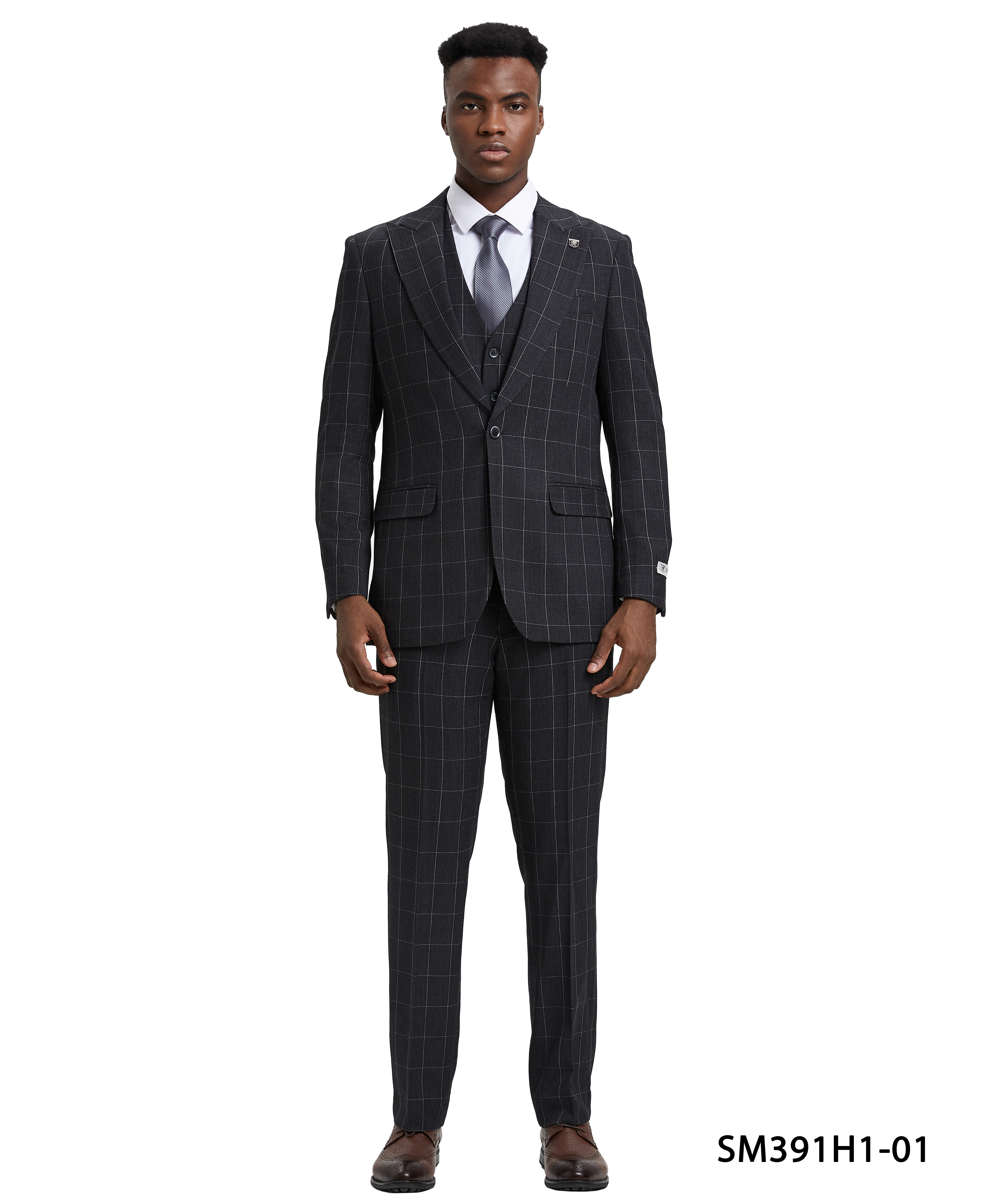 Men’s Stacy Adams Hybrid-Fit Vested Suit – Windowpane Black | D&K Menswear