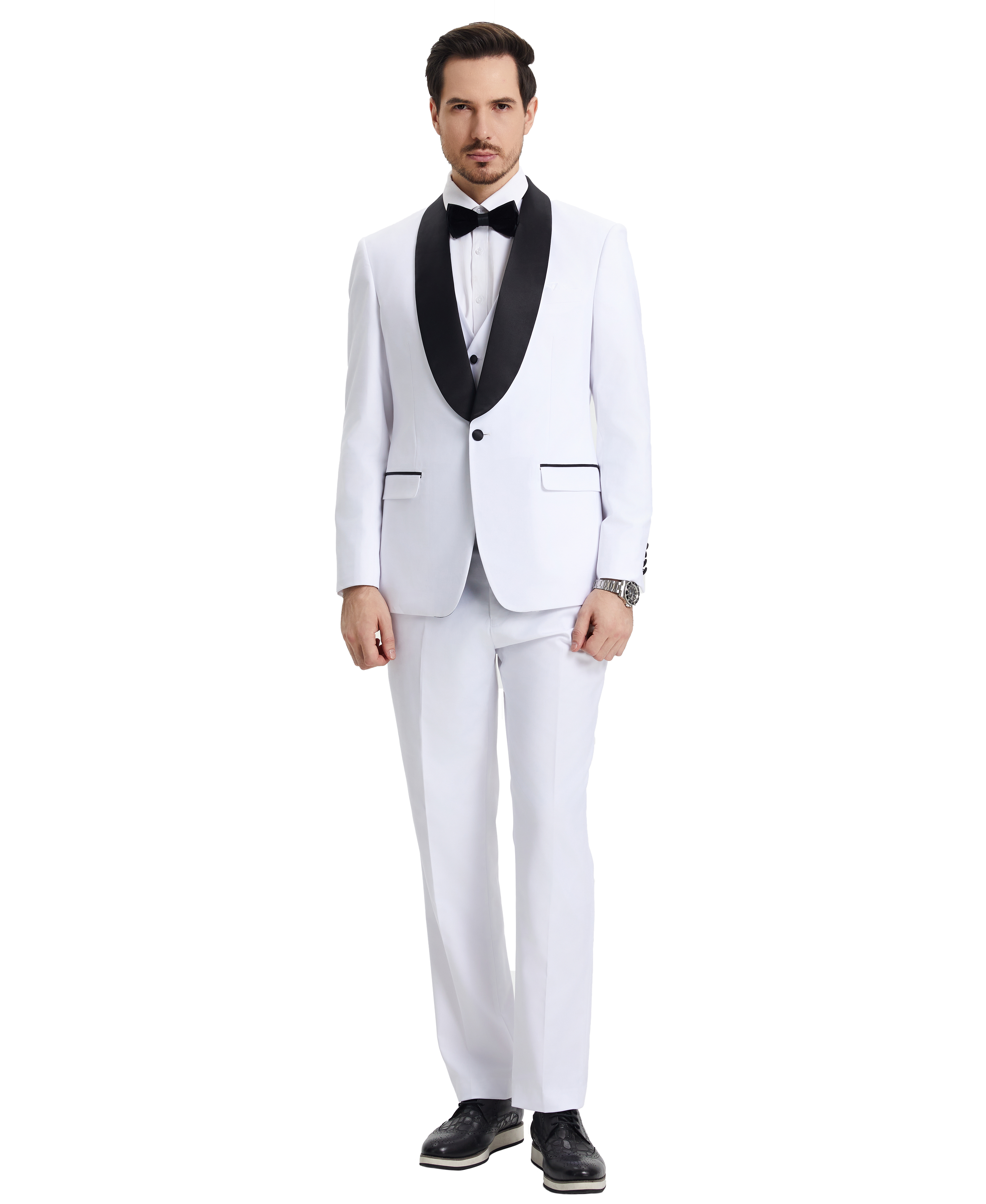 Men’s Stacy Adams Hybrid-Fit 3-Piece Vested Tuxedo – Snow White | D&K Menswear