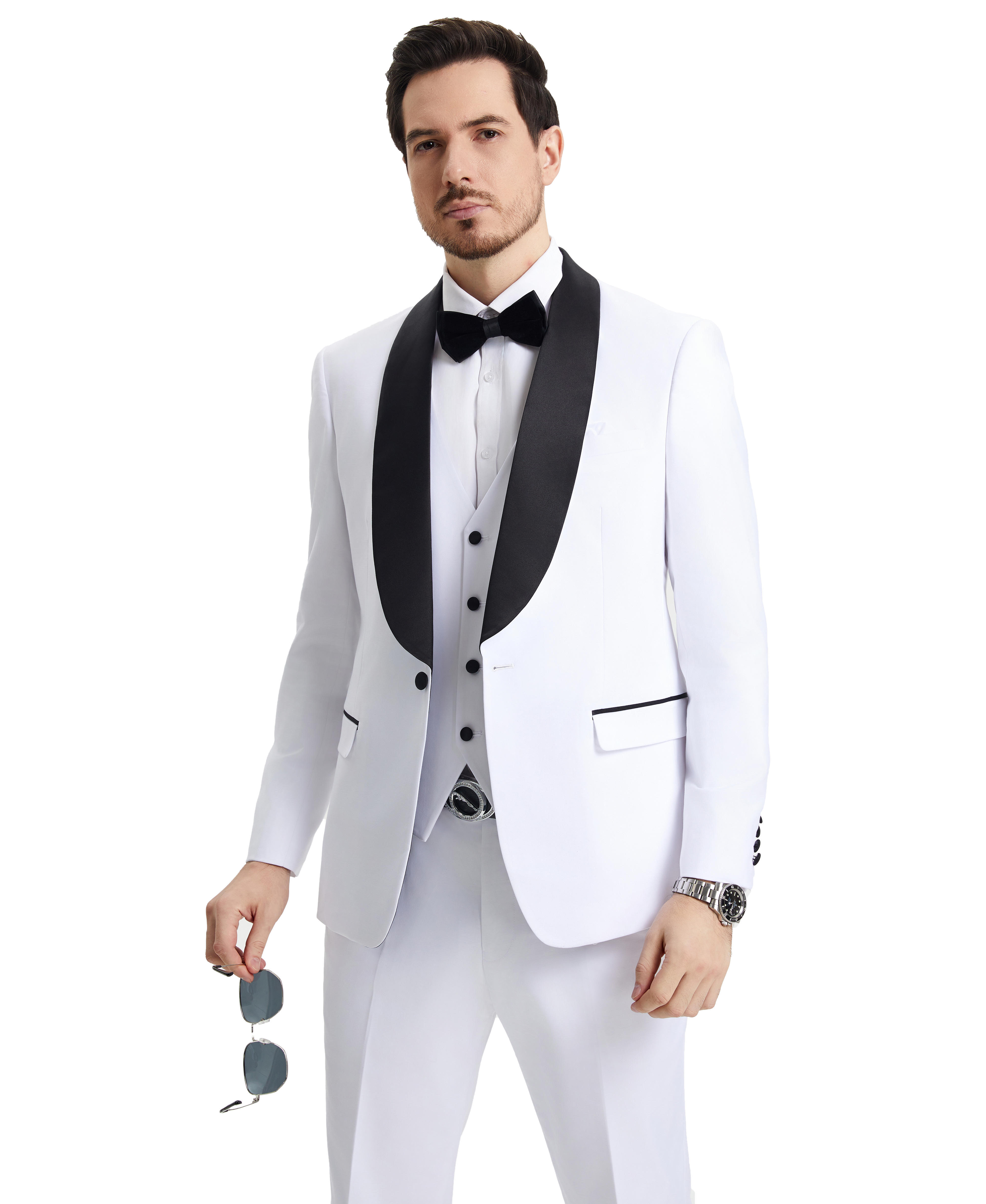 Men’s Stacy Adams Hybrid-Fit 3-Piece Vested Tuxedo – Snow White | D&K Menswear