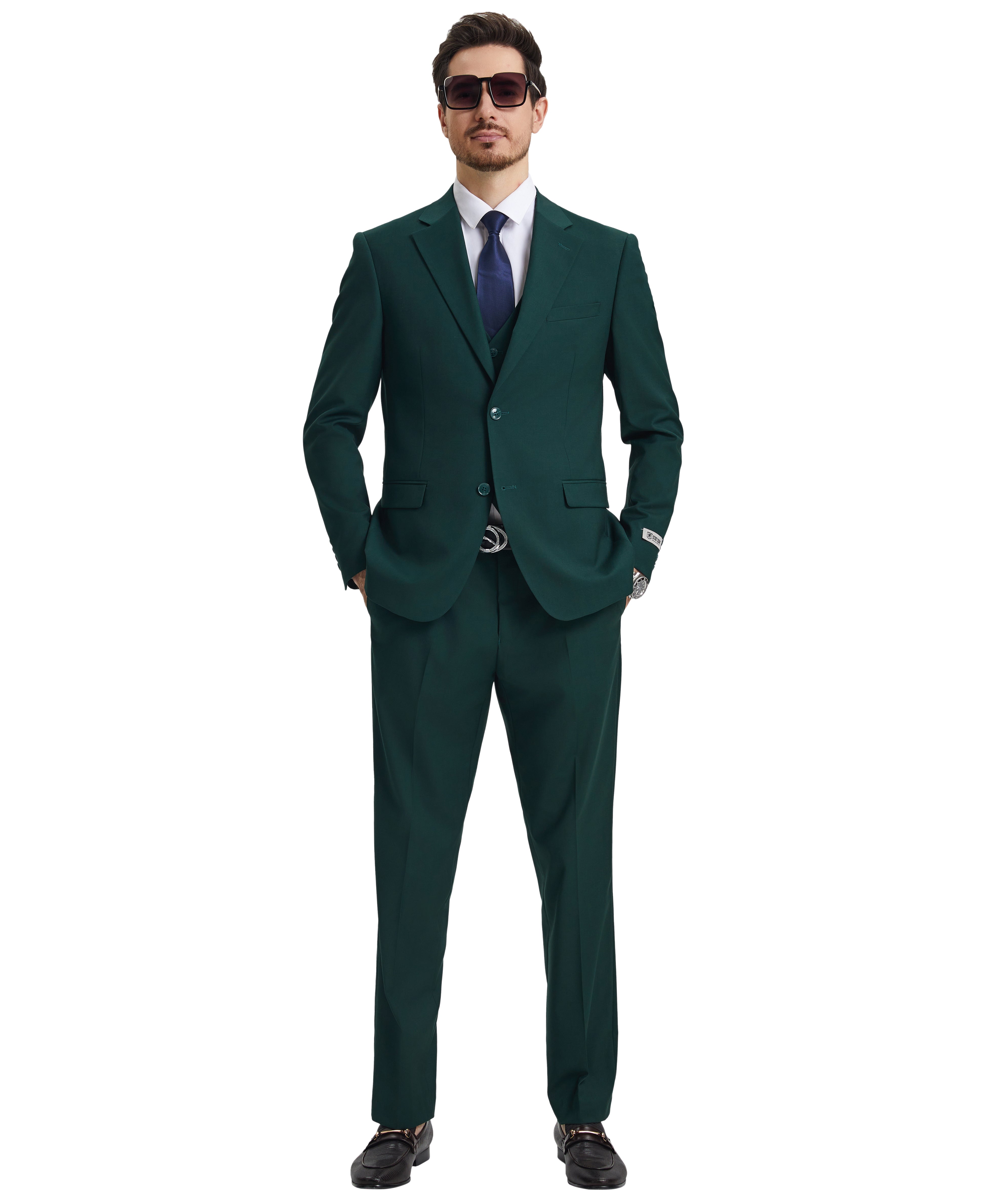 Men’s Suit, Stacy Adams Suit, Hybrid-Fit Suit, 3-Piece Vested Suit, Sacramento Green Suit, Formalwear, Business Attire, Wedding Suit, D&K Menswear Collection