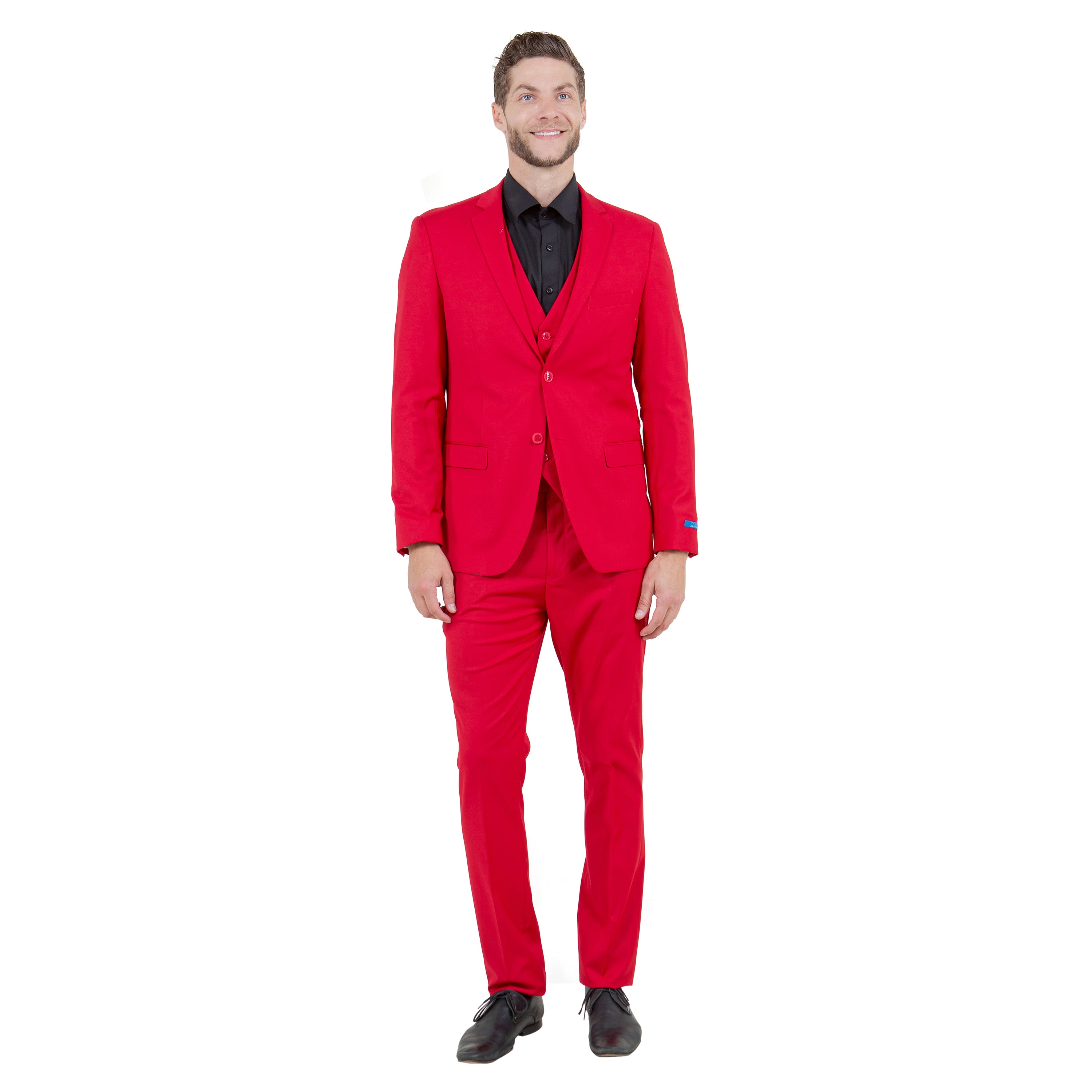 Solid red 3 piece skinny fit suit for men with jacket, vest, and pants for formal occasions front face.