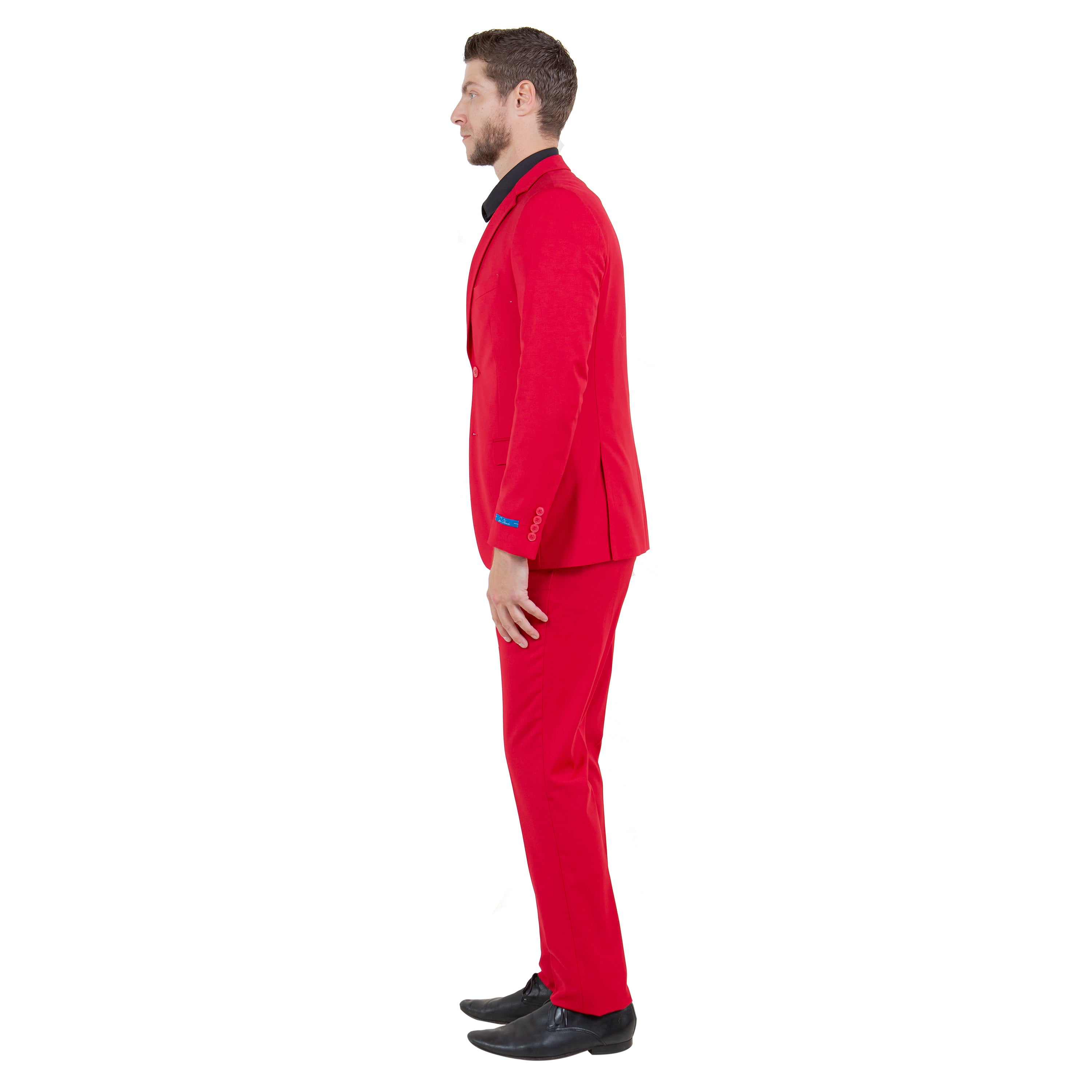 Solid red 3 piece skinny fit suit for men with jacket, vest, and pants for formal occasions Left faced
.