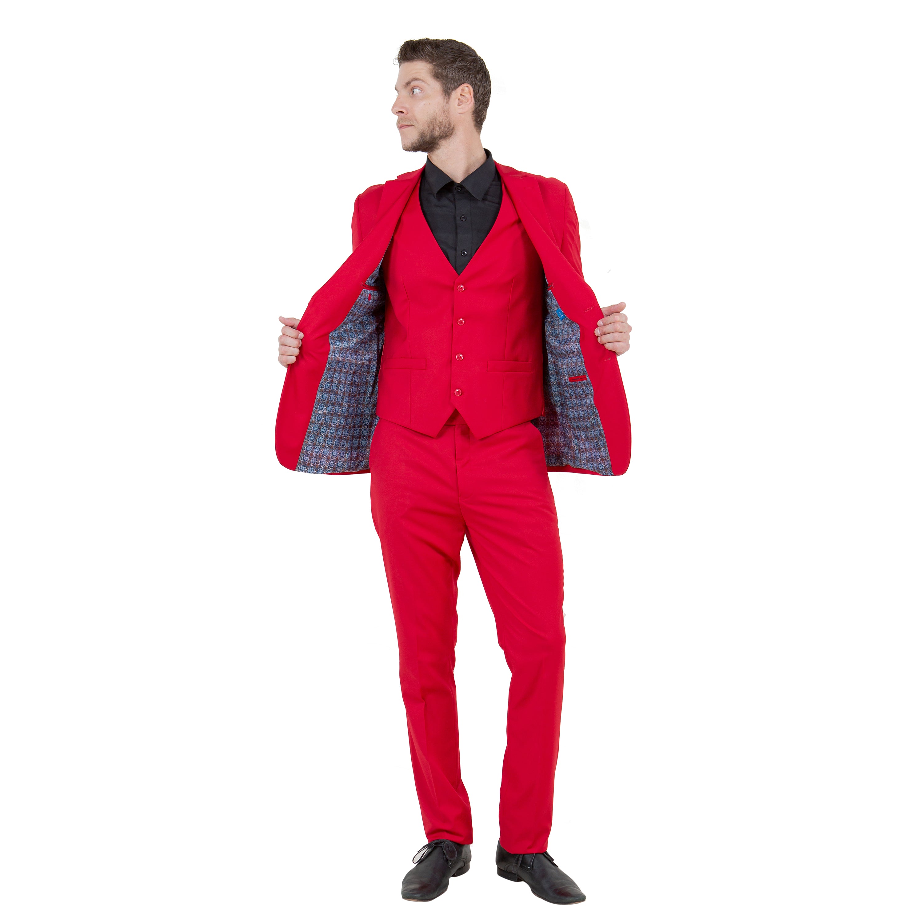 Solid red 3 piece skinny fit suit for men with jacket, vest, and pants for formal occasions.