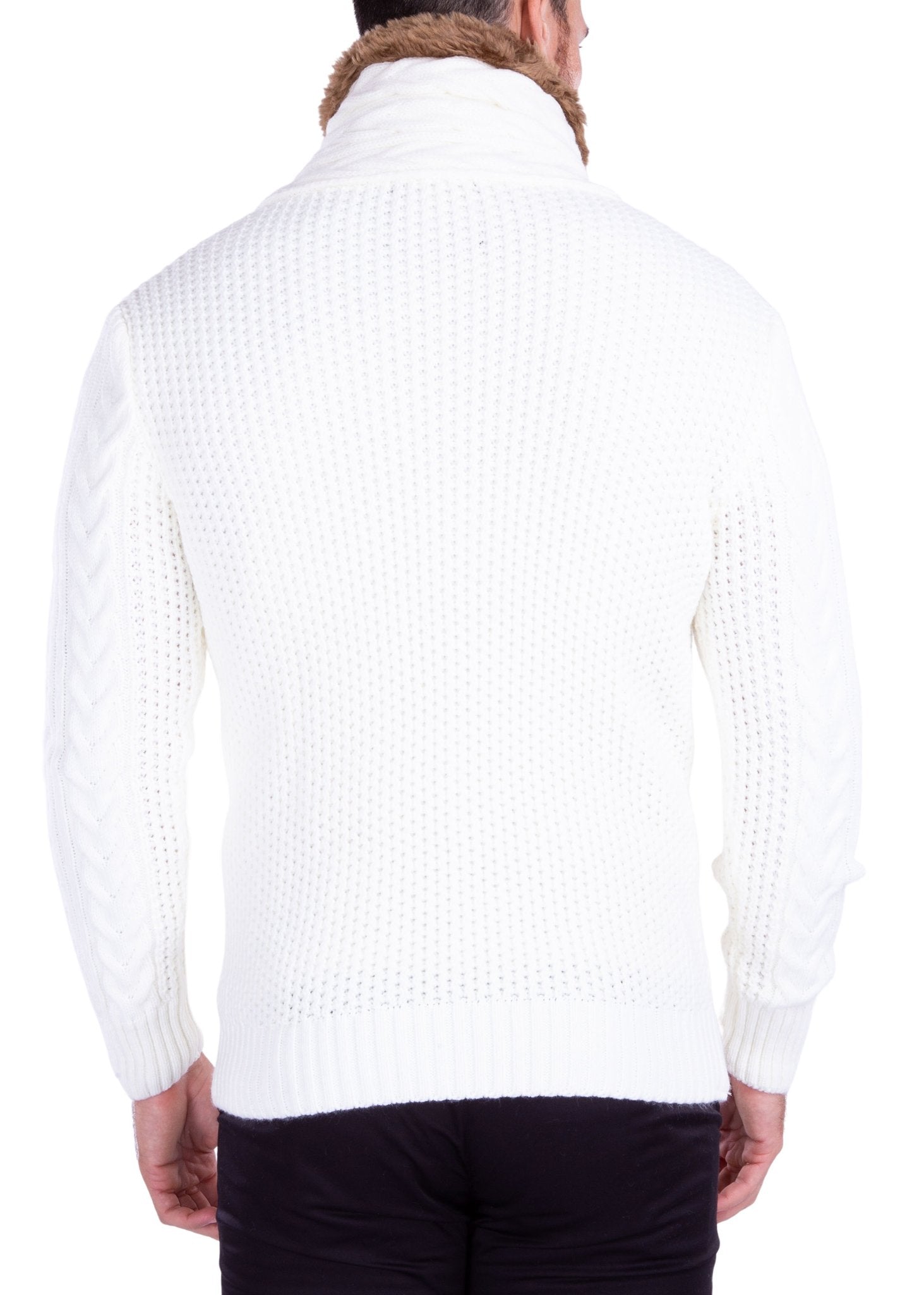 Men's White Button Up Fur-Lined Collar Sweater