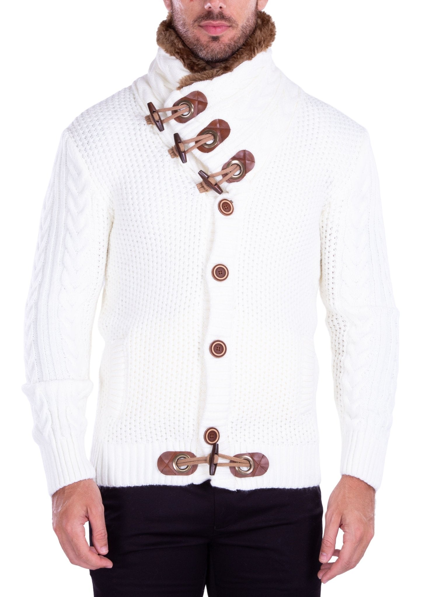 Men's White Button Up Fur-Lined Collar Sweater