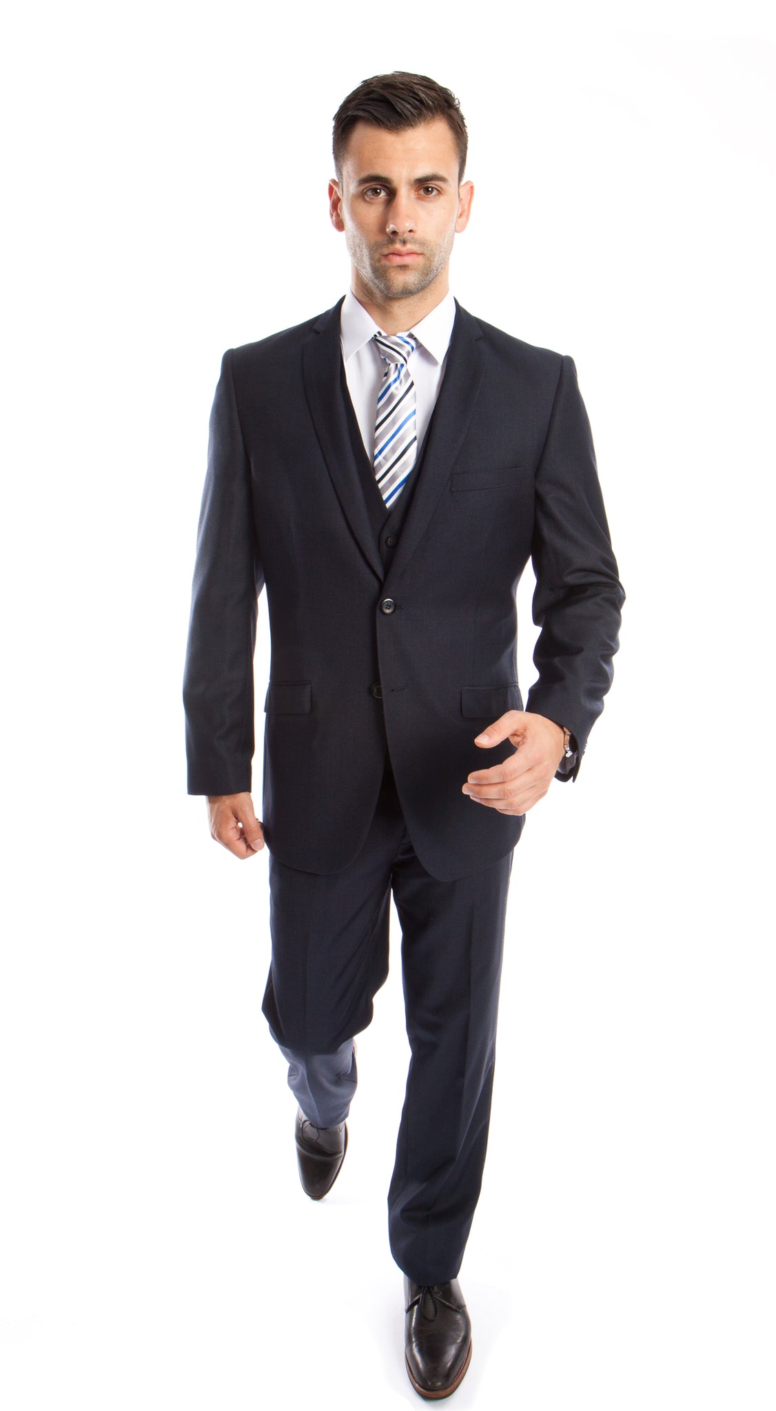 Navy Solid 3-PC Slim Fit Stretch Suits For Men