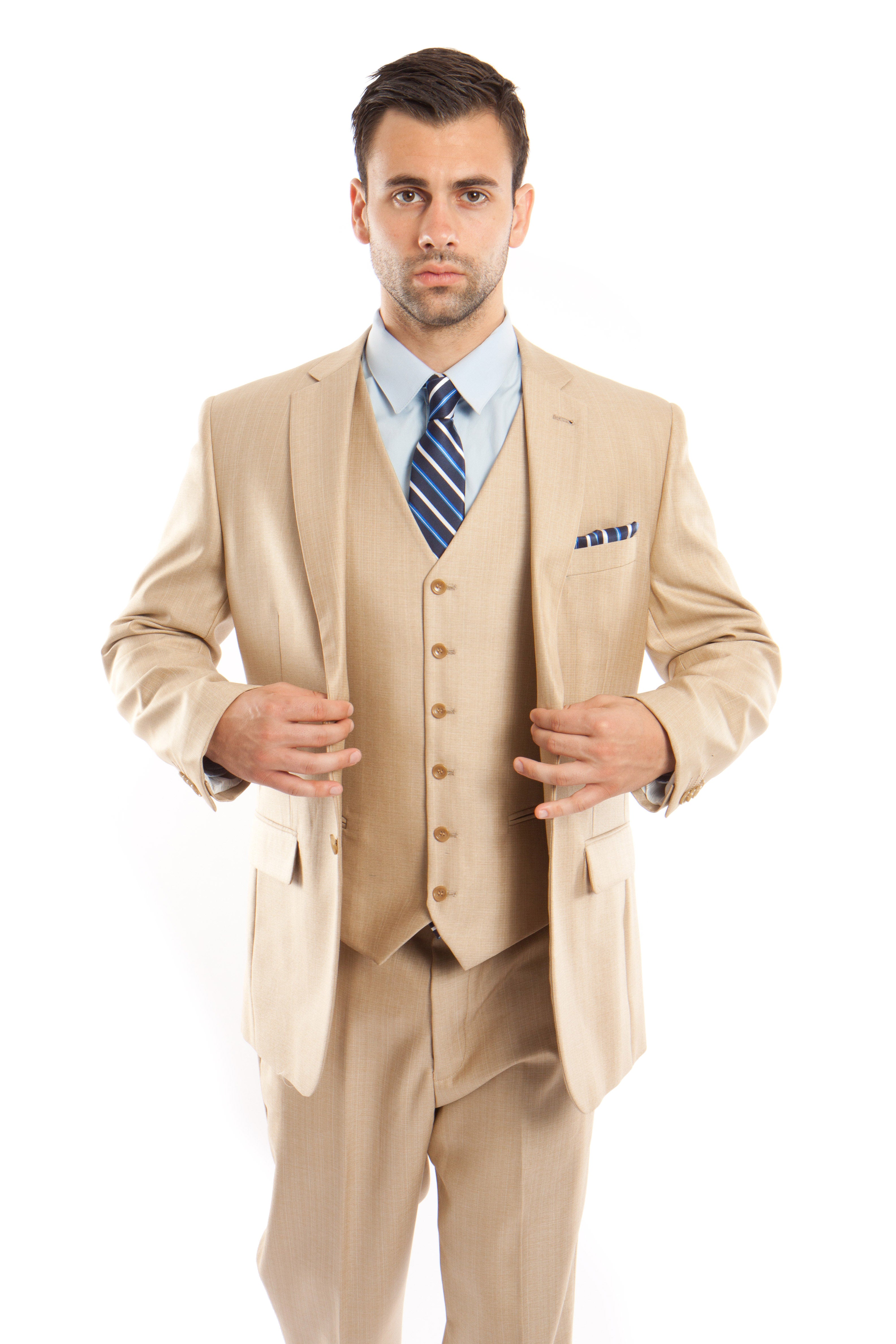 Lt. Beige Solid Shiny Sharkskin 3-PC Regular Modern Fit Suits For Men