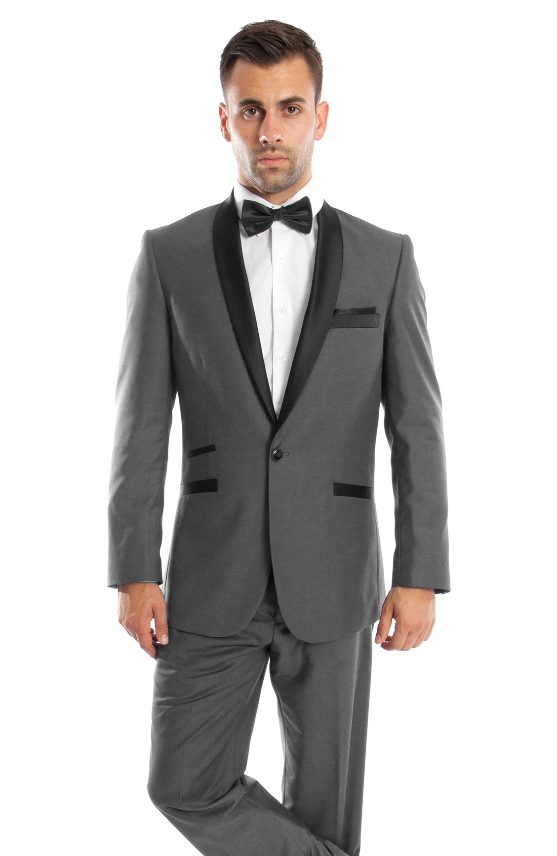 Gray / Black Solid with Black Shawl Collar Trim 2-PC Slim Fit Suits For Men