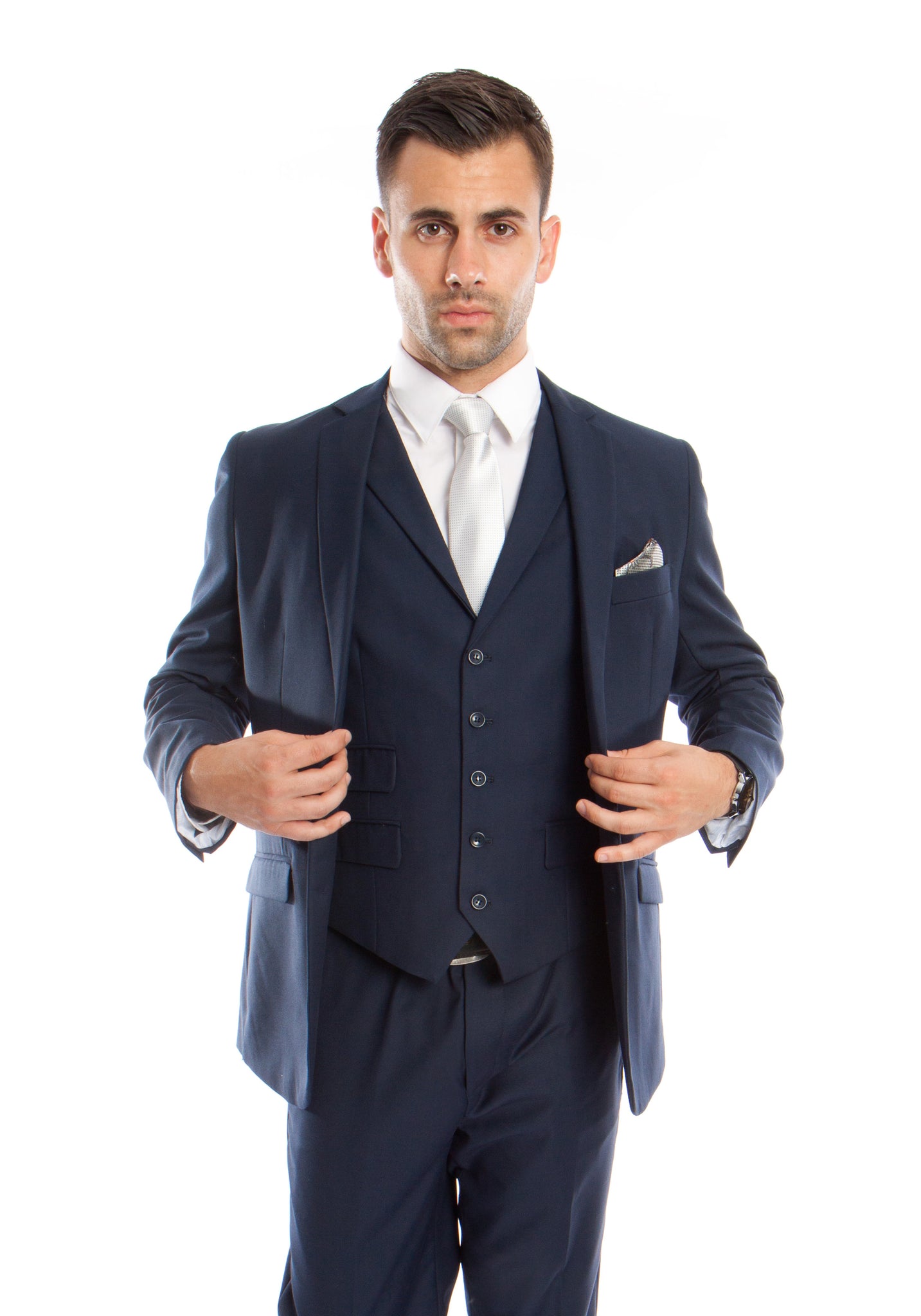 Navy Solid 3-PC Slim Fit Performence Stretch Suits For Men