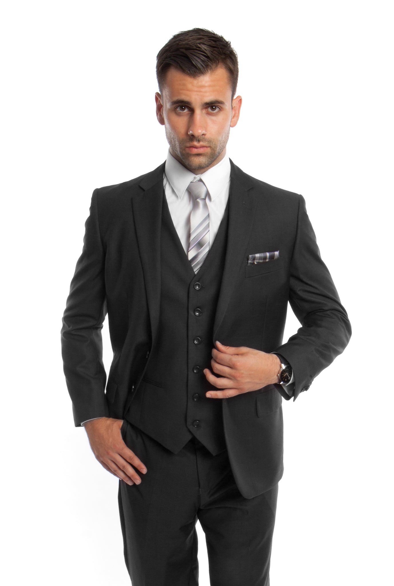 Black Solid 3-PC Modern Fit Suits For Men