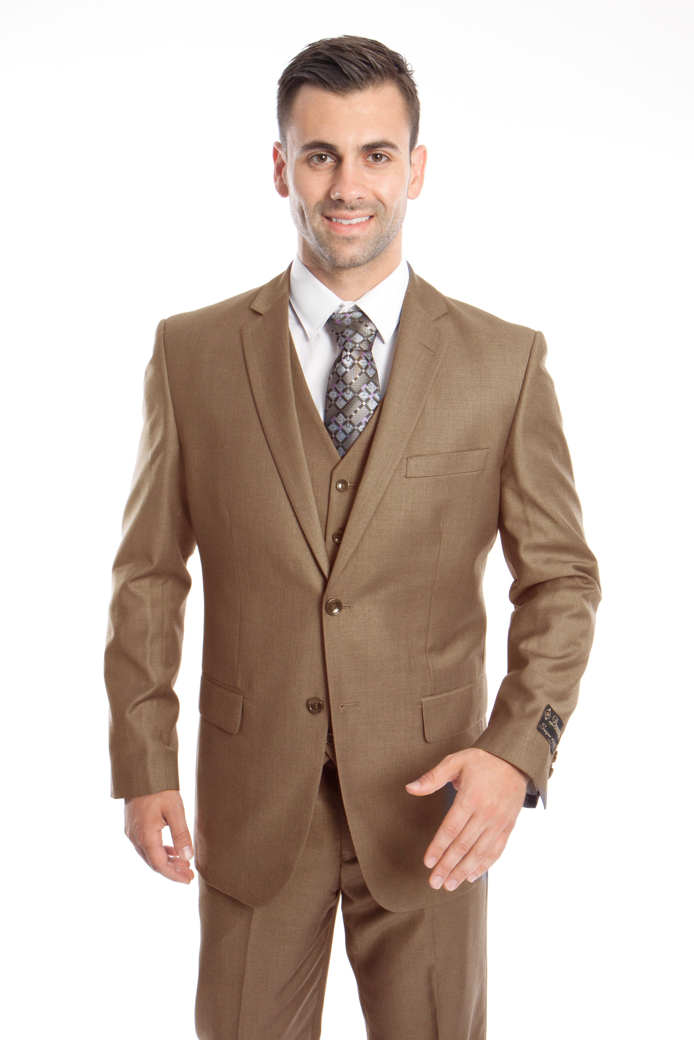 Dk. Taupe Solid 3-PC Modern Fit Suits For Men