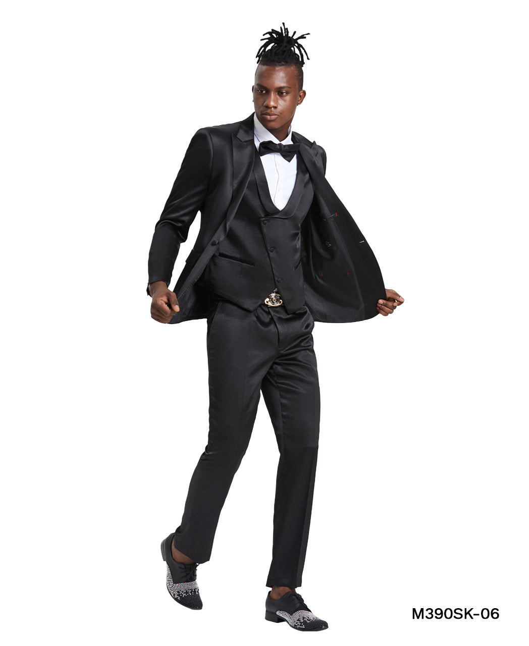 Black Solid Shiny U-Shape Vest Mens-suit Black / 48R/42W / M390SK-06