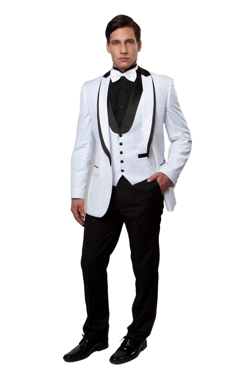 White 3 PC Shawl Collar Tuxedo with Trim
