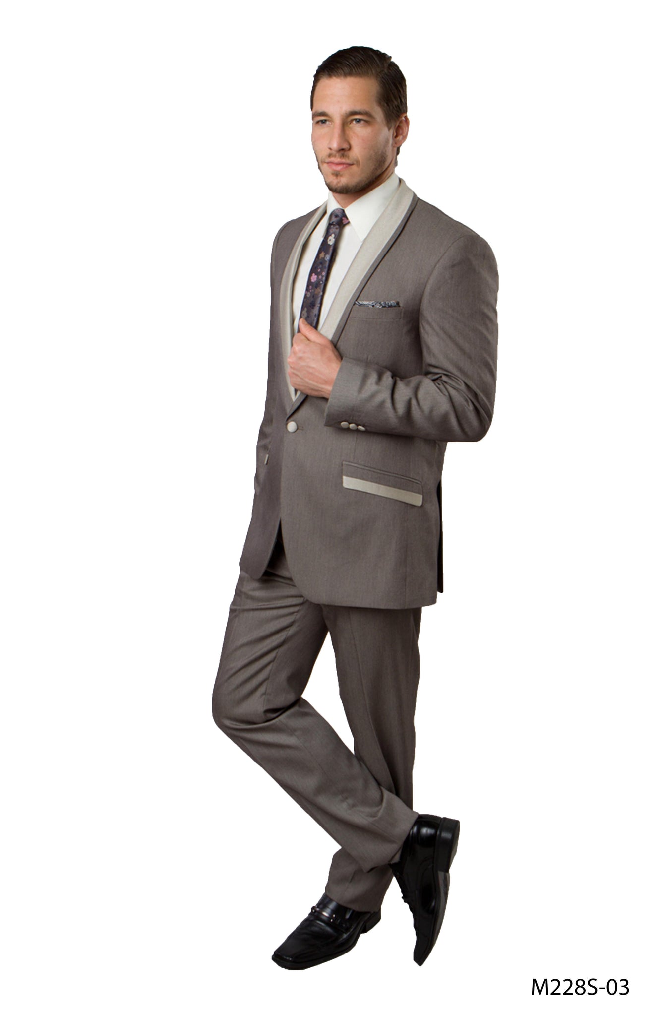 Beige solid 2-PC slim fit performance stretch suit for men with one-button closure, perfect for formal occasions.