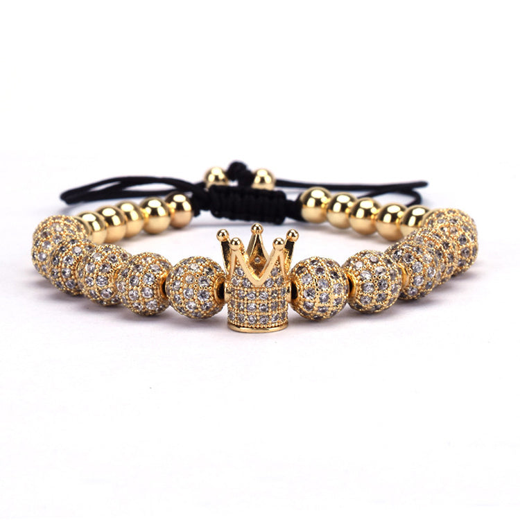 Paul Lorenzo Drake Gold Crown Braided Copper Bracelets with 8mm Micro Pave Cubic Zirconia Beads Pulsar Bangle Charm Jewelry for Men Women Unisex