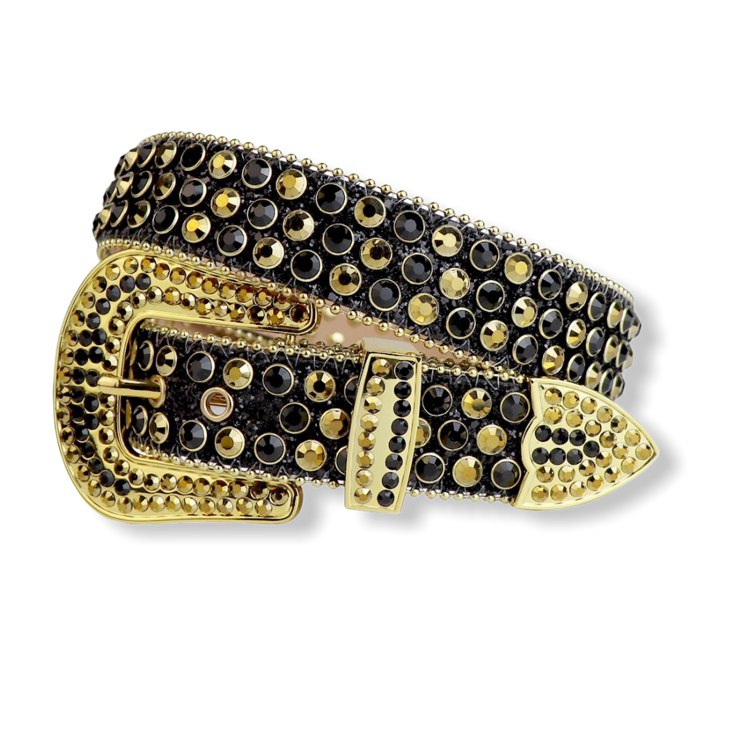 Luxe Premium Studded Rhinestone Belt Black/Gold 2