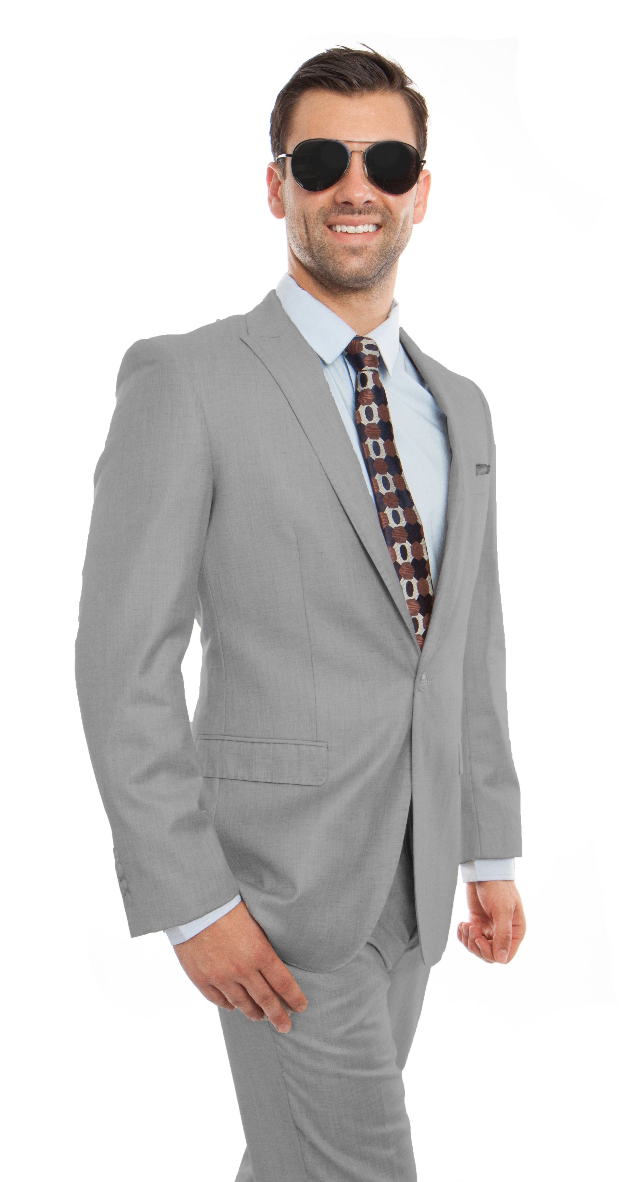 Melange gray 2-piece slim fit stretch suit for men with one-button jacket and slim-fit pants.