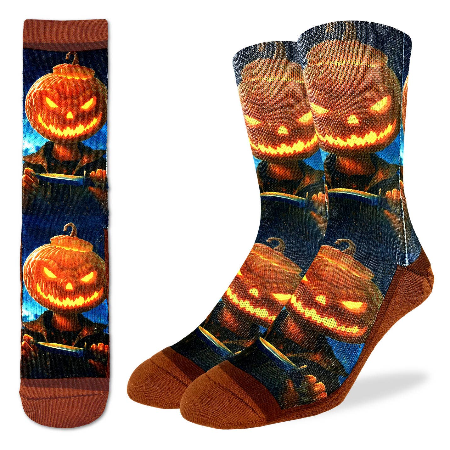 Men’s Evil Pumpkin Socks featuring a glowing jack-o'-lantern design by Good Luck Sock