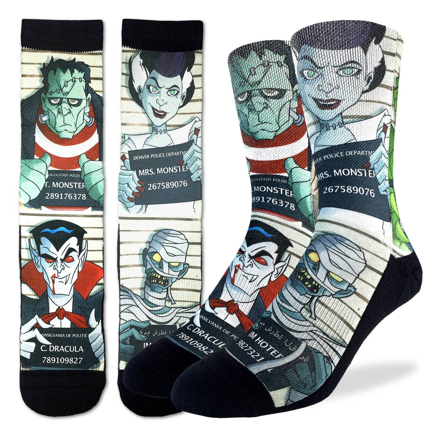 Men's Halloween Mugshots Socks with Dracula and Frankenstein by Good Luck Sock